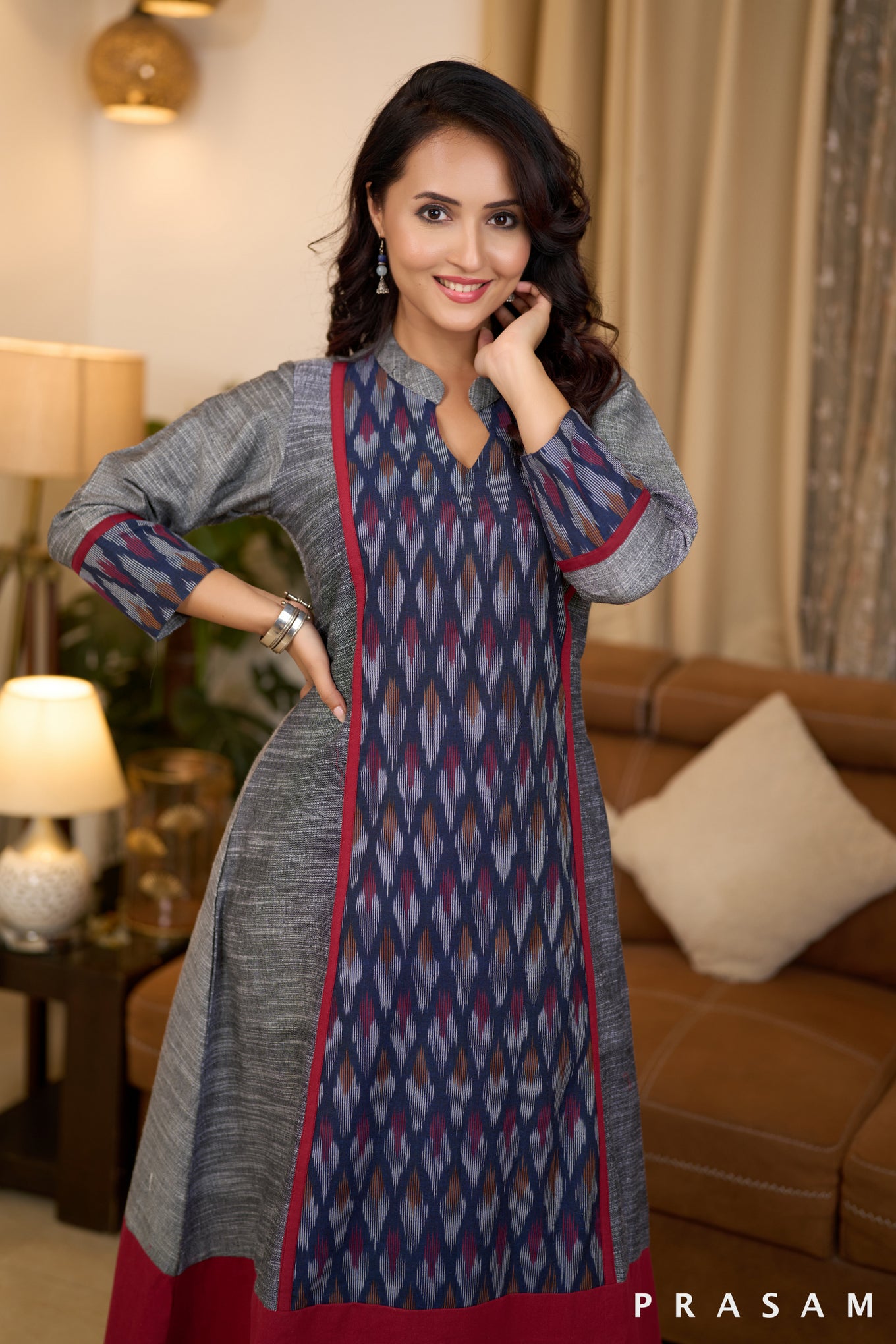 Ashen Grey with Red Trims Ikat Kurti (Optional Pants)