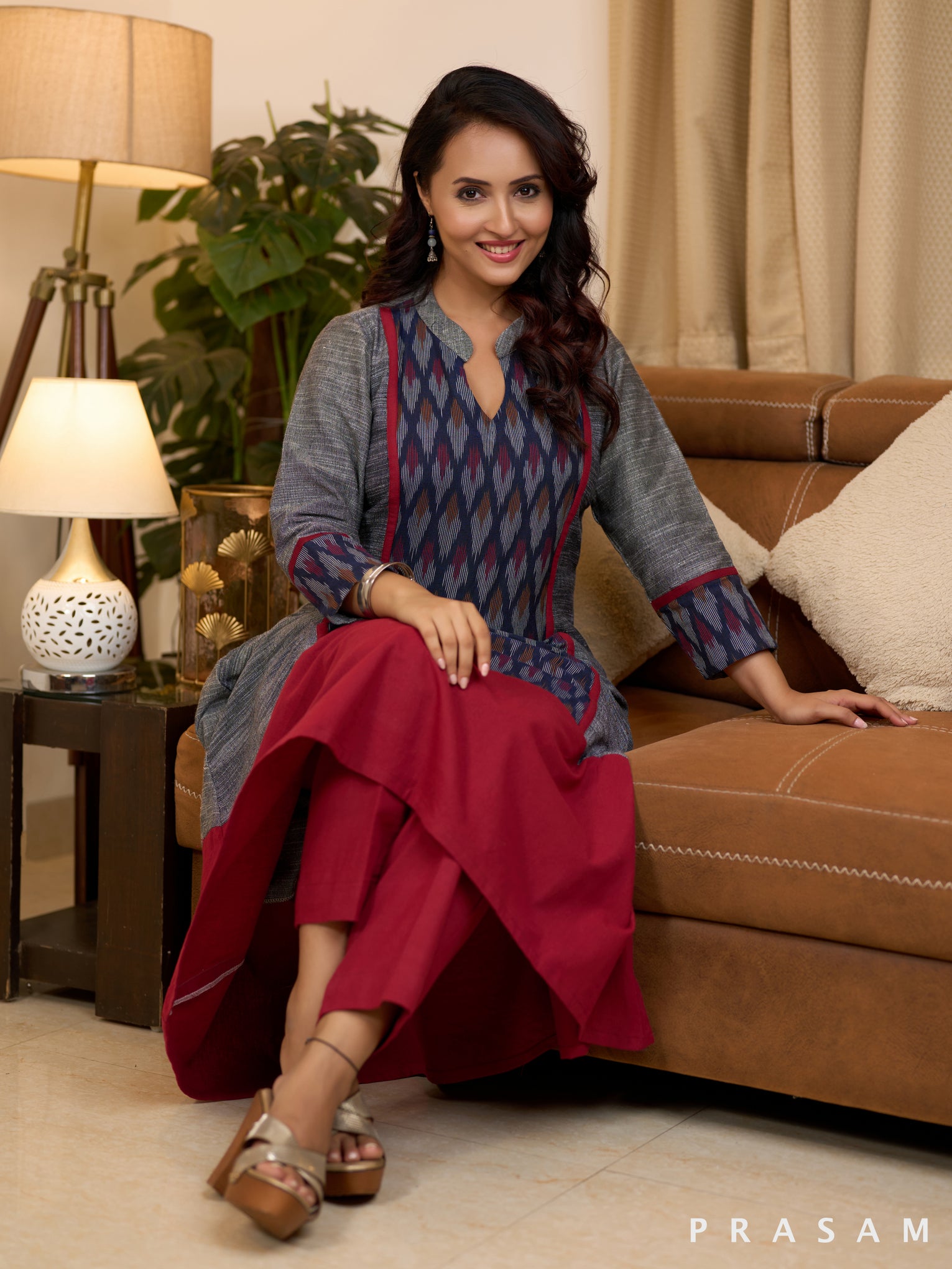 Ashen Grey with Red Trims Ikat Kurti (Optional Pants)