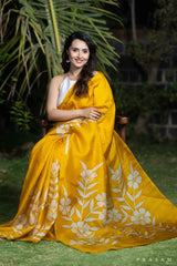 Anika Yellow Bold Floral Hand Paint Silk Saree
