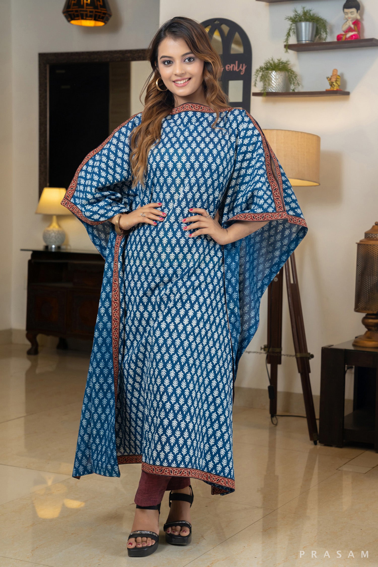 Indigo Elegance Bagru Kaftan Style Kurti with Ajrakh Trims