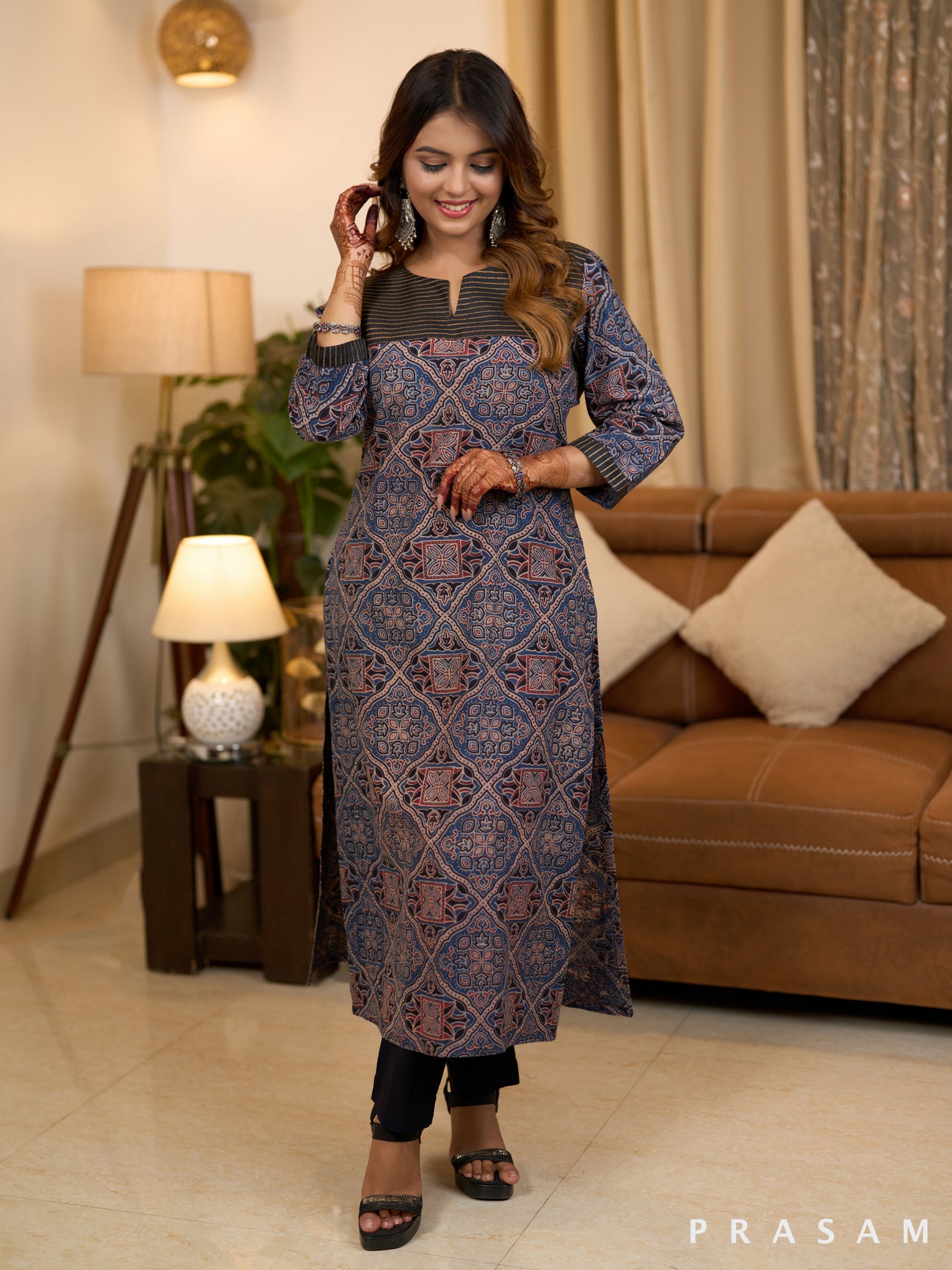 Black and Gold Ajrakh Elegance Block Print detail Kurti (Optional Pants)