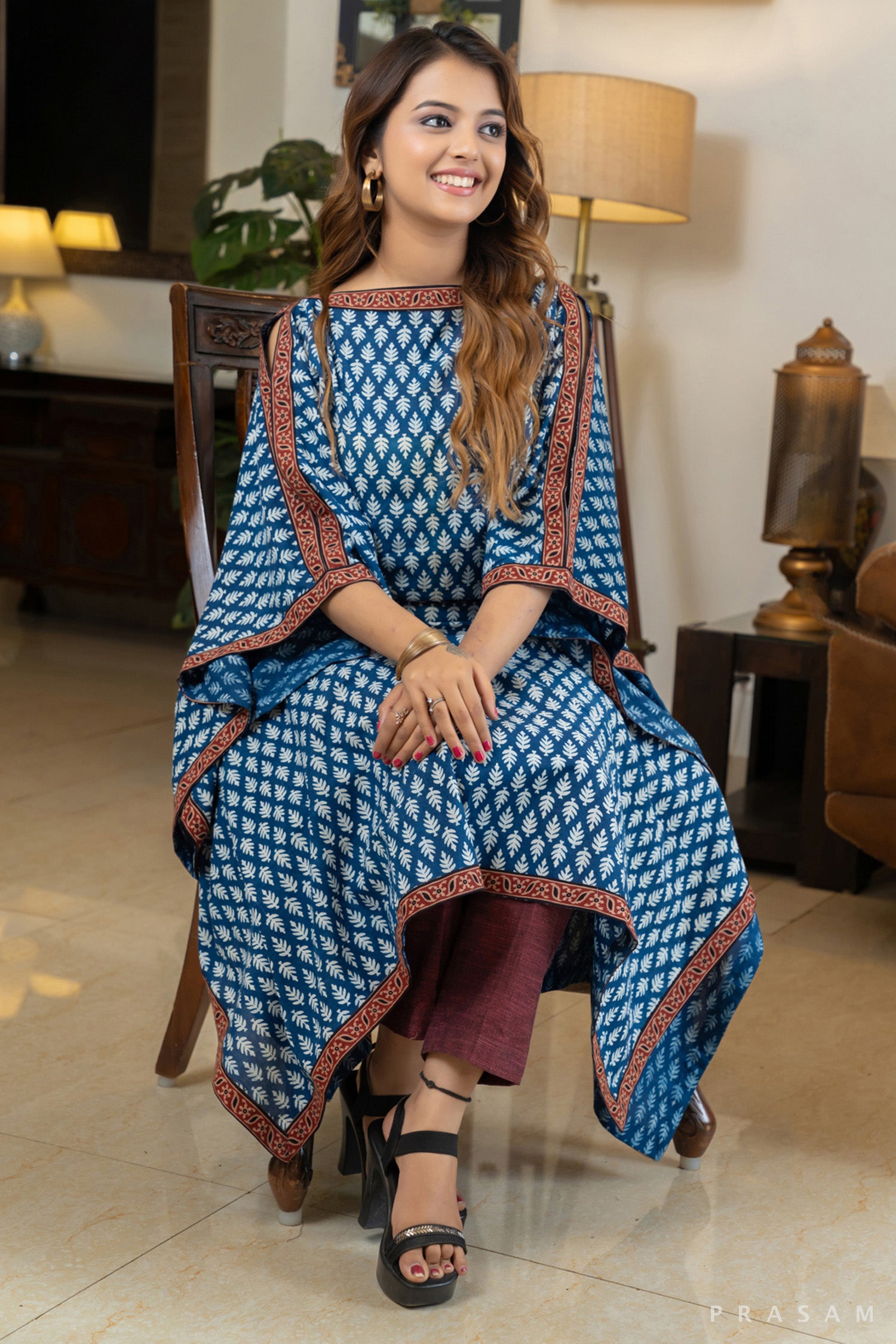 Indigo Elegance Bagru Kaftan Style Kurti with Ajrakh Trims