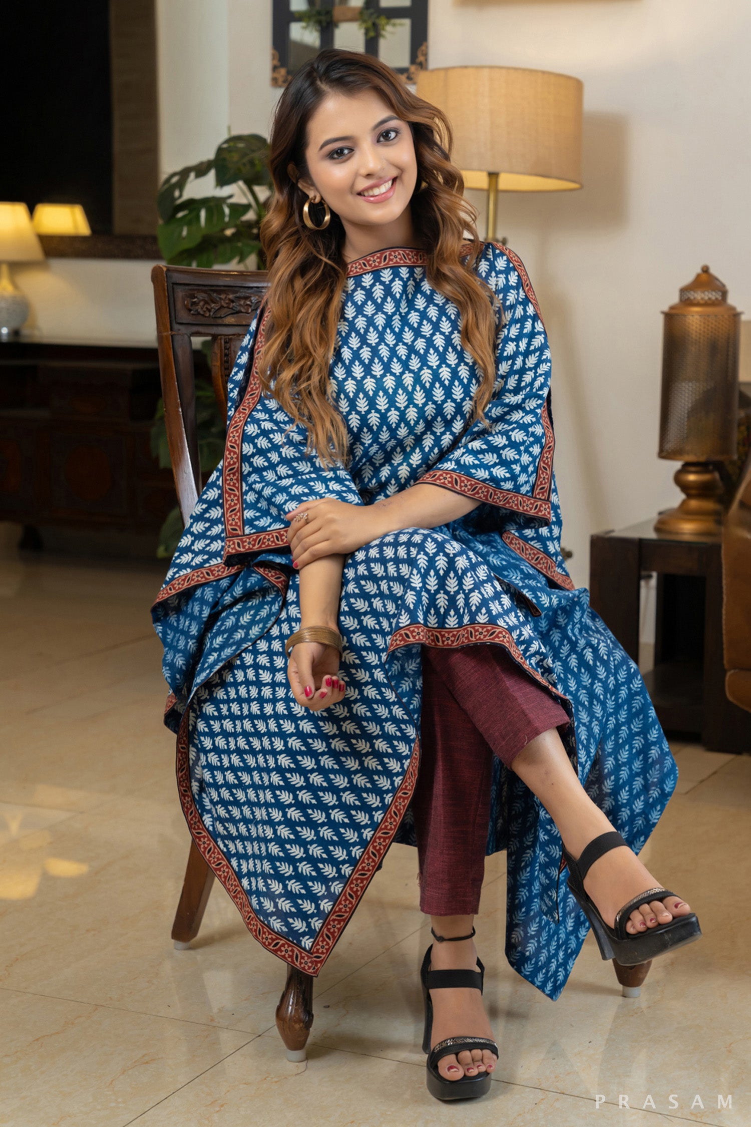 Indigo Elegance Bagru Kaftan Style Kurti with Ajrakh Trims