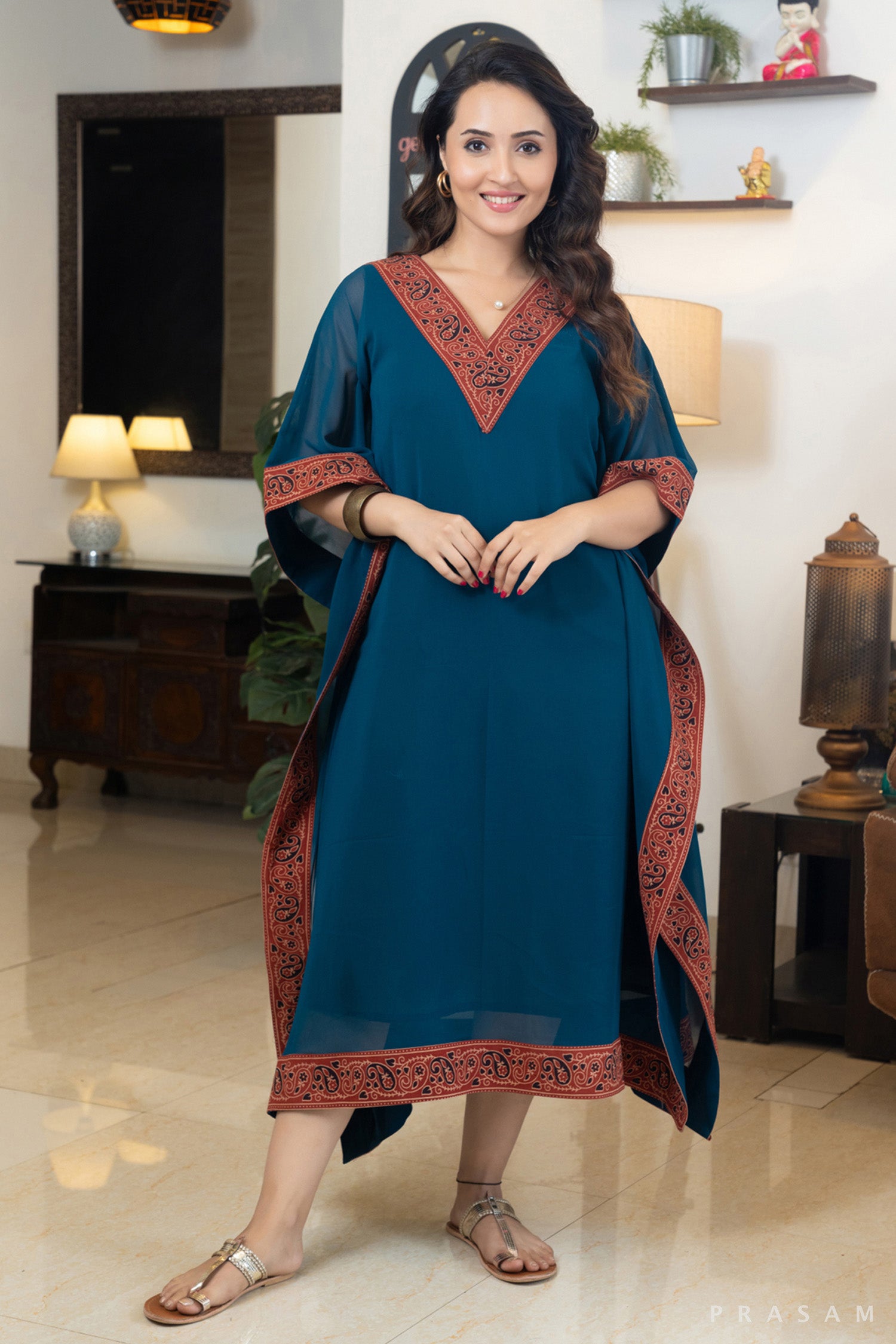 Teal Tempest Georgette Kaftan with Ajrakh Trims