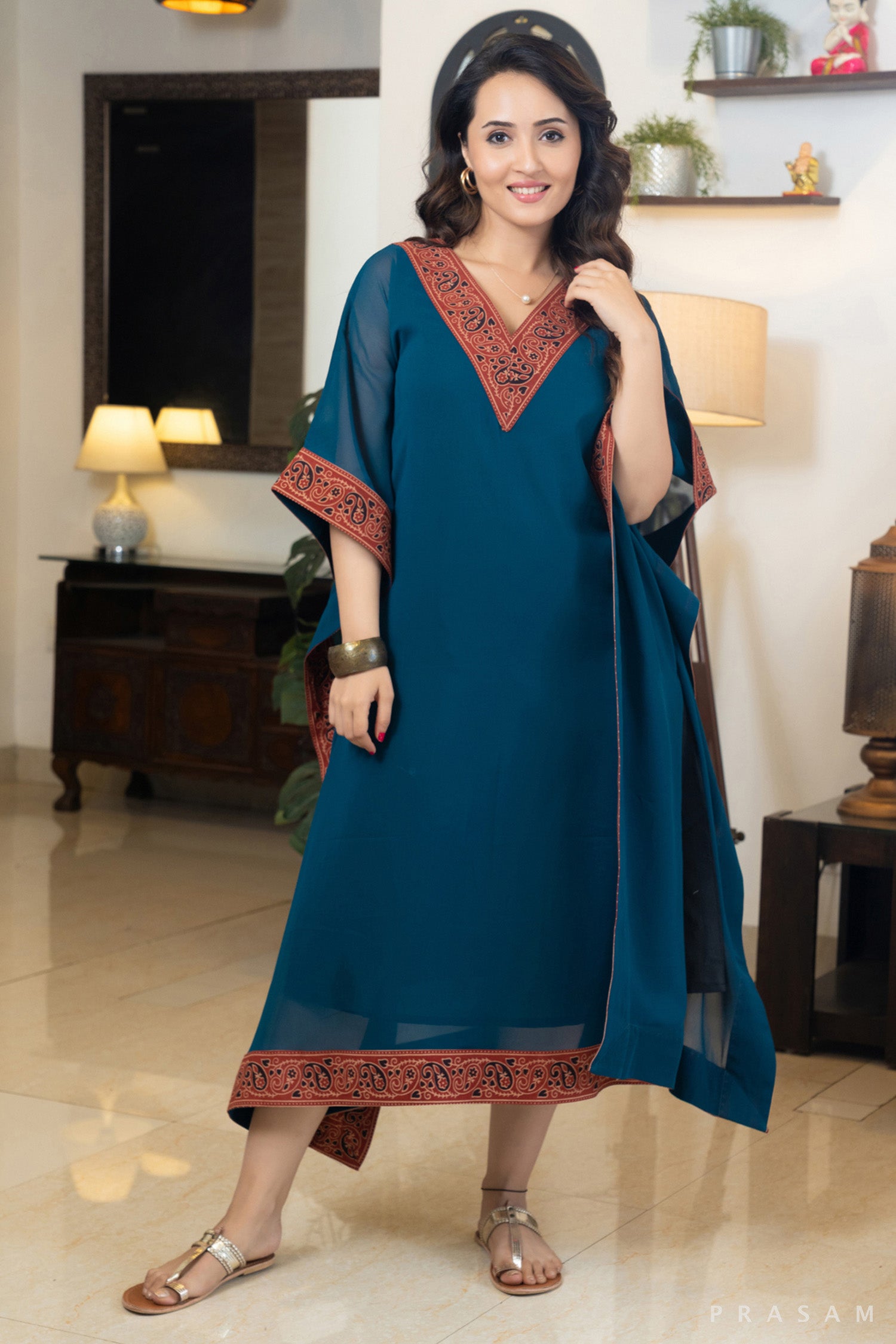 Teal Tempest Georgette Kaftan with Ajrakh Trims