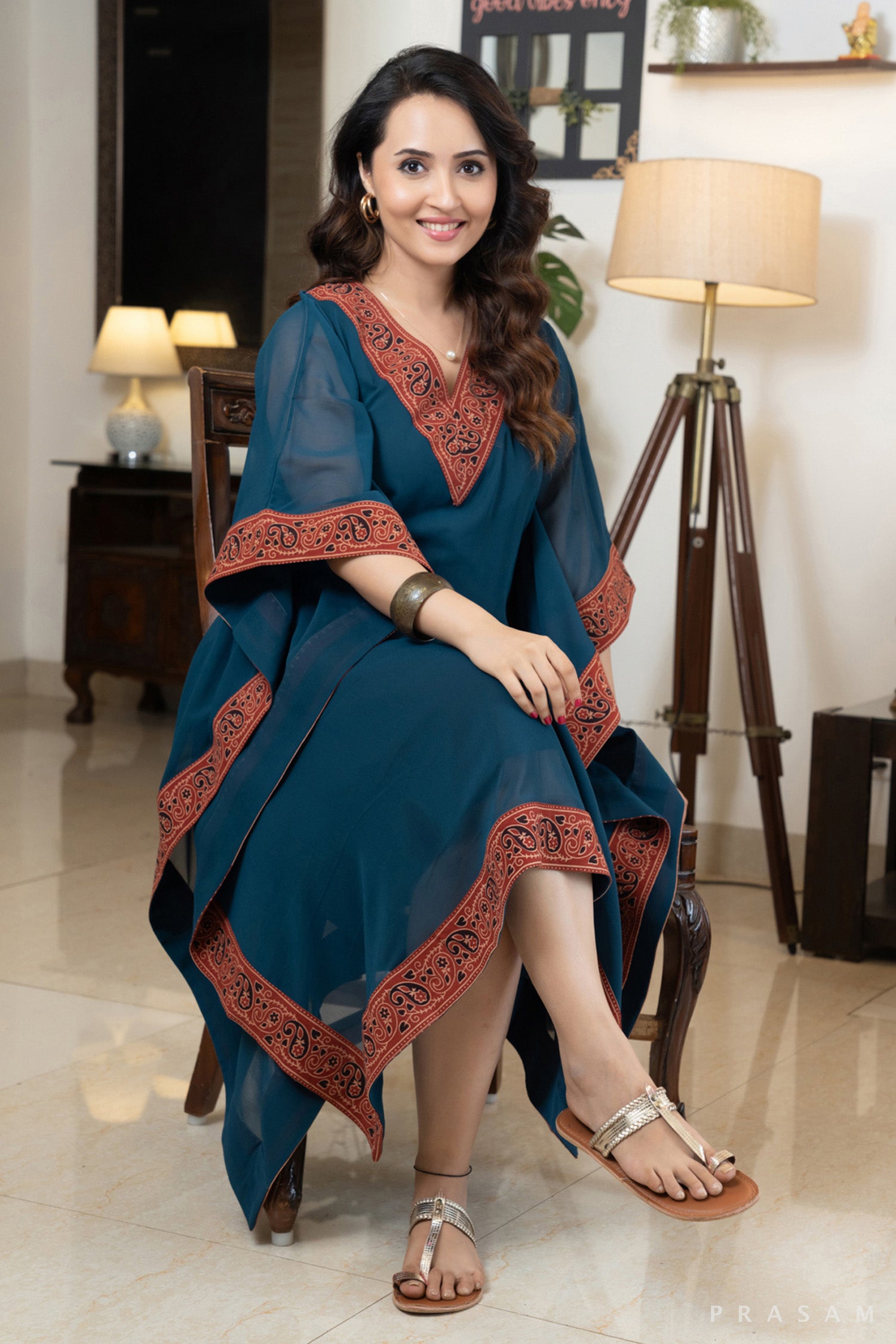 Teal Tempest Georgette Kaftan with Ajrakh Trims