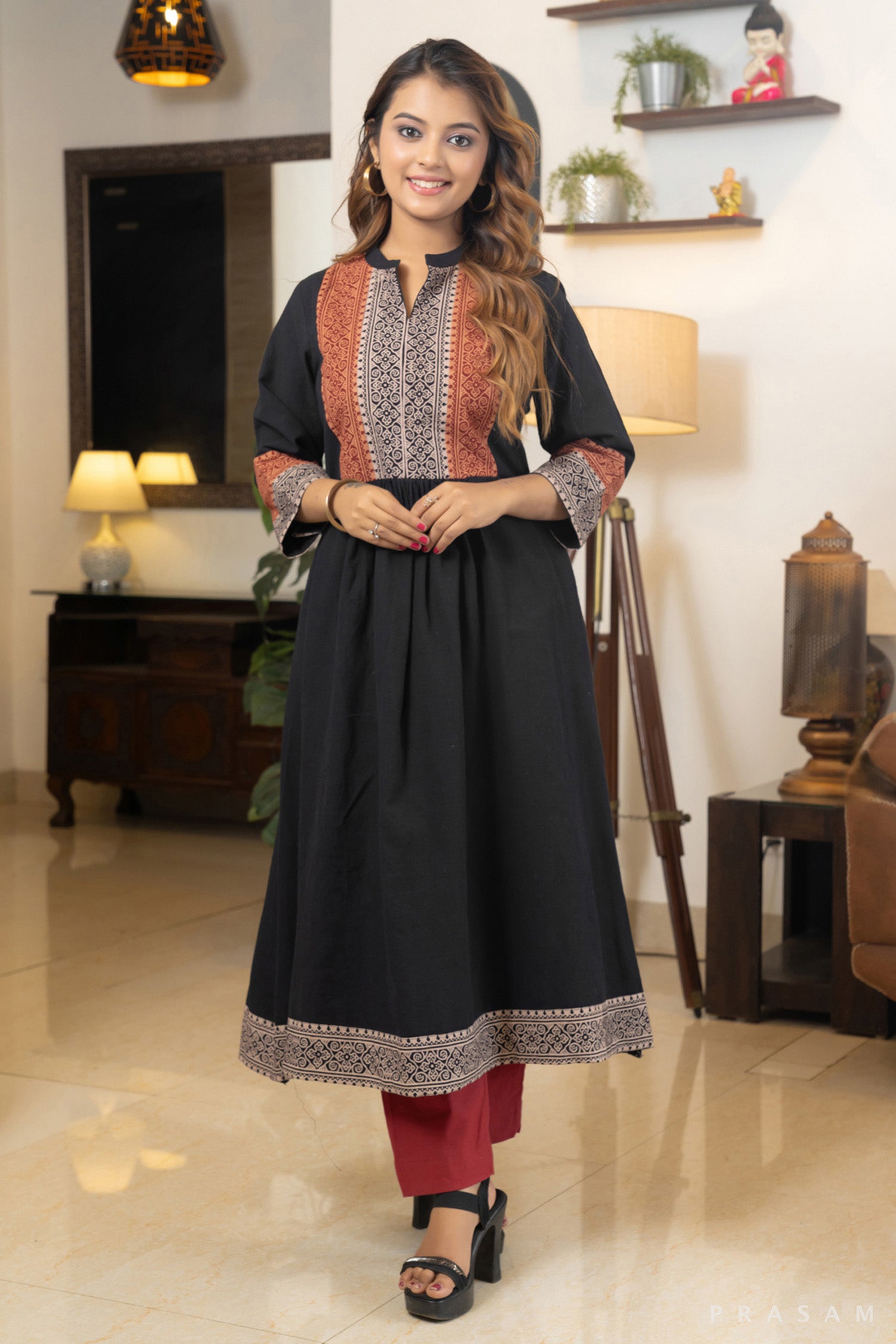 Midnight Mirage Handloom Cotton Kurti with Ajrakh Yoke and Trims