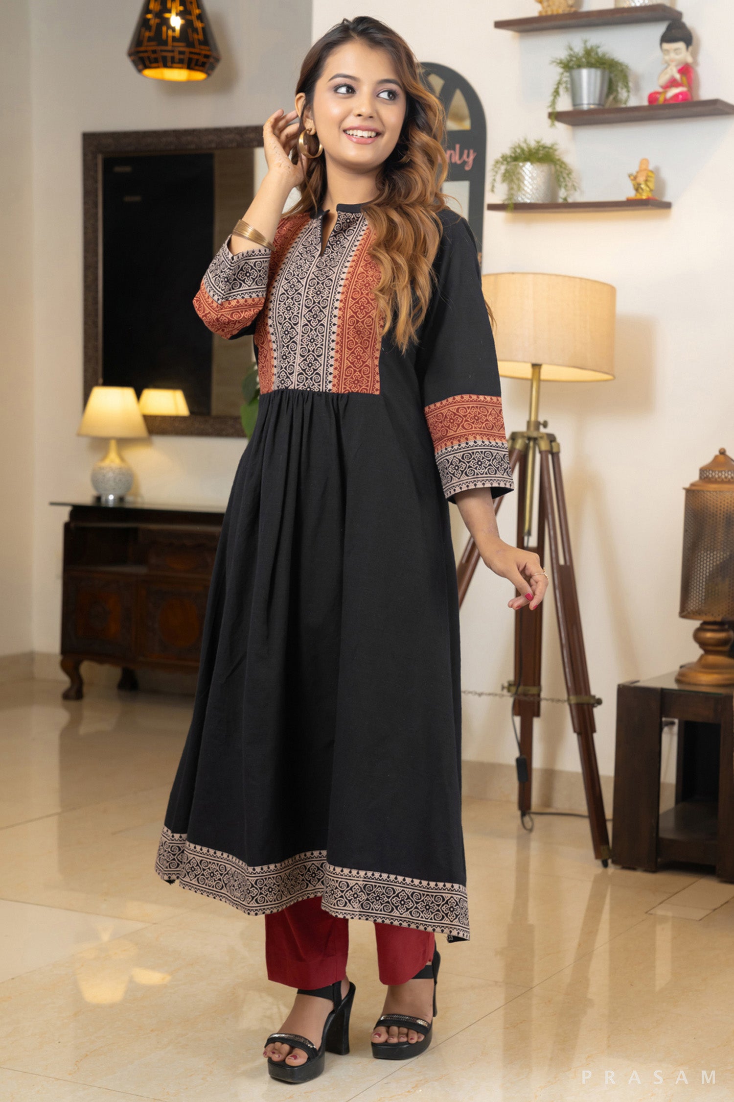 Midnight Mirage Handloom Cotton Kurti with Ajrakh Yoke and Trims