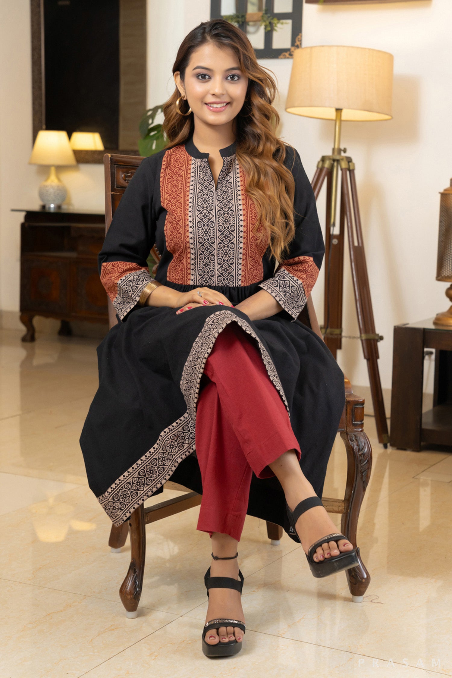 Midnight Mirage Handloom Cotton Kurti with Ajrakh Yoke and Trims