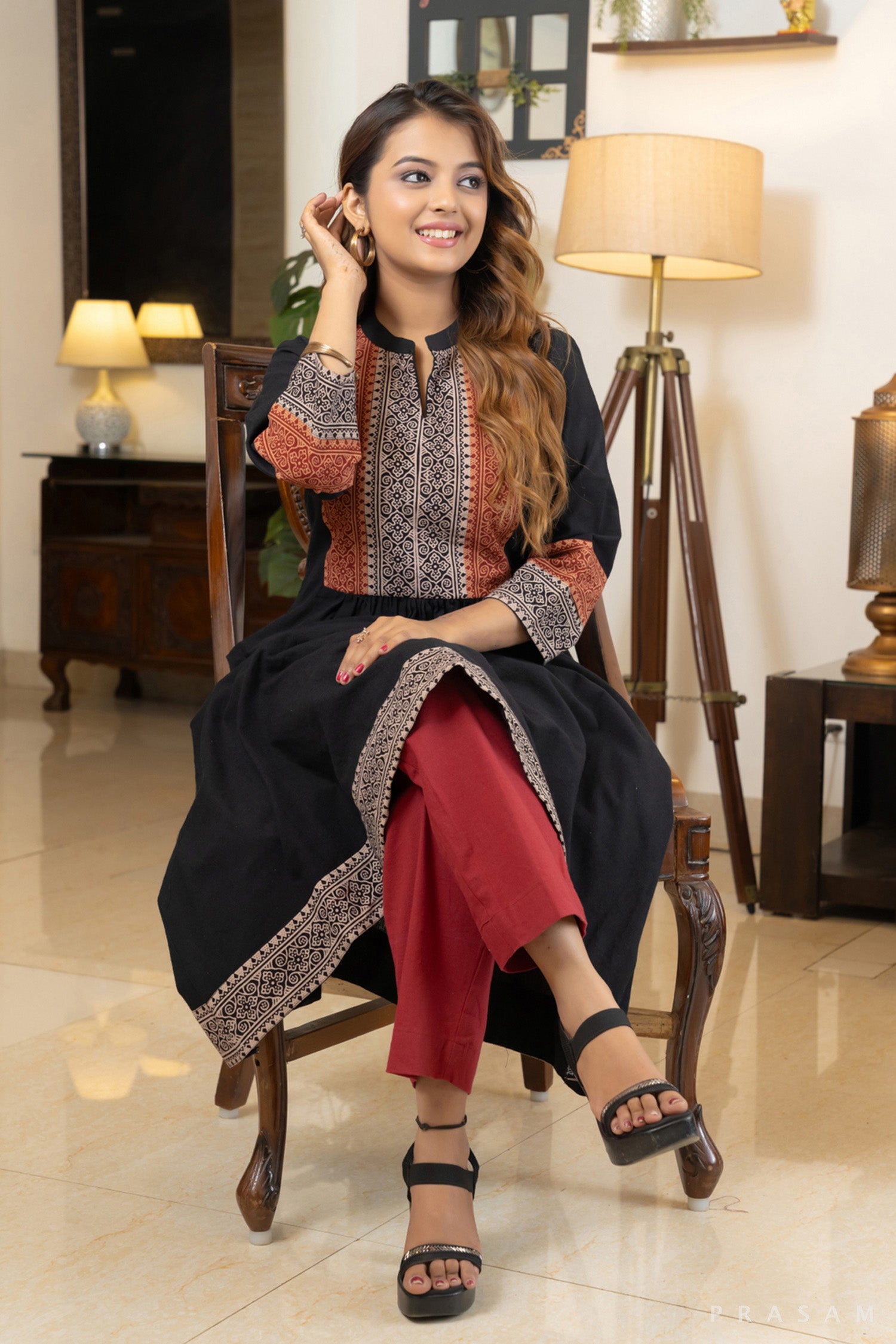 Midnight Mirage Handloom Cotton Kurti with Ajrakh Yoke and Trims