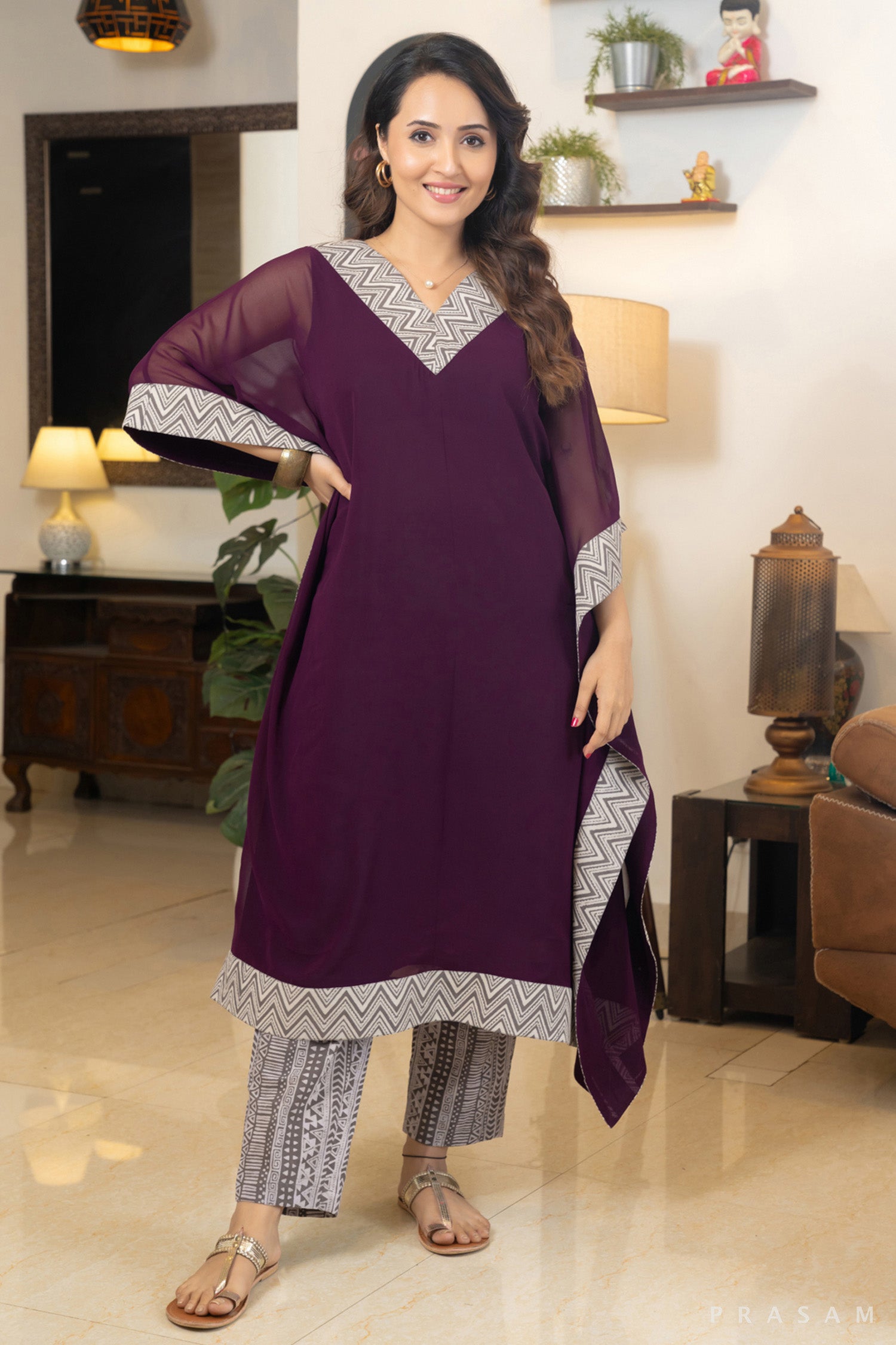 Burgundy Breeze Georgette Kaftan with Cotton Bagru Trims