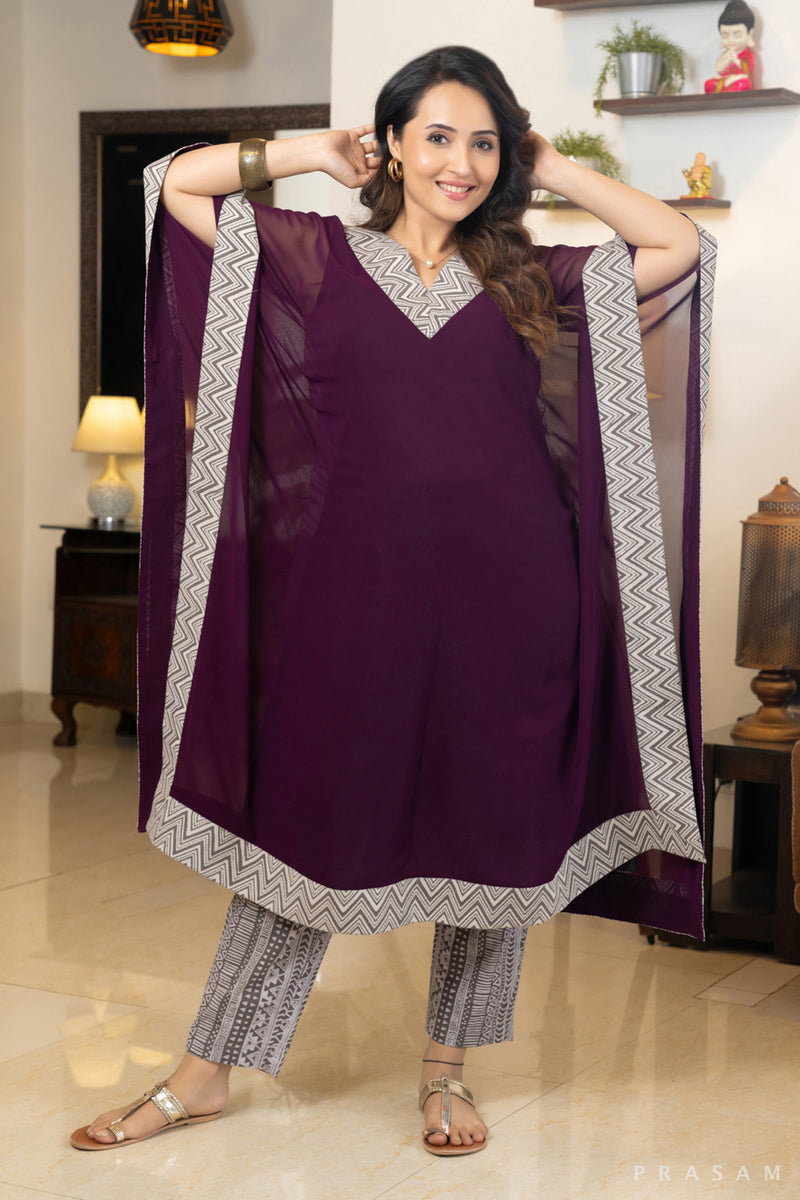 Burgundy Breeze Georgette Kaftan with Cotton Bagru Trims