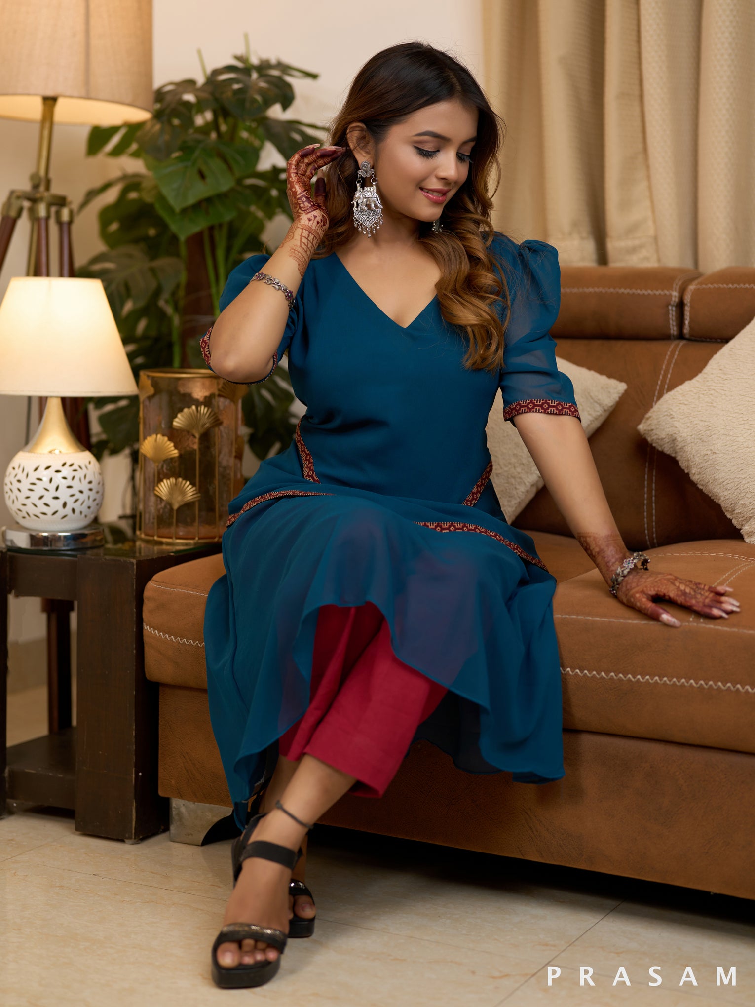 Teal Waves Ajrakh Kurti (Optional Pants)