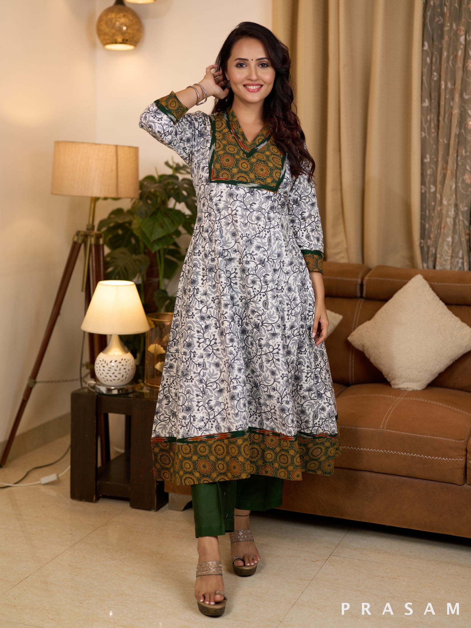 Monochrome Ajrakh Ikat Cotton Printed Kurti (Optional Pants)