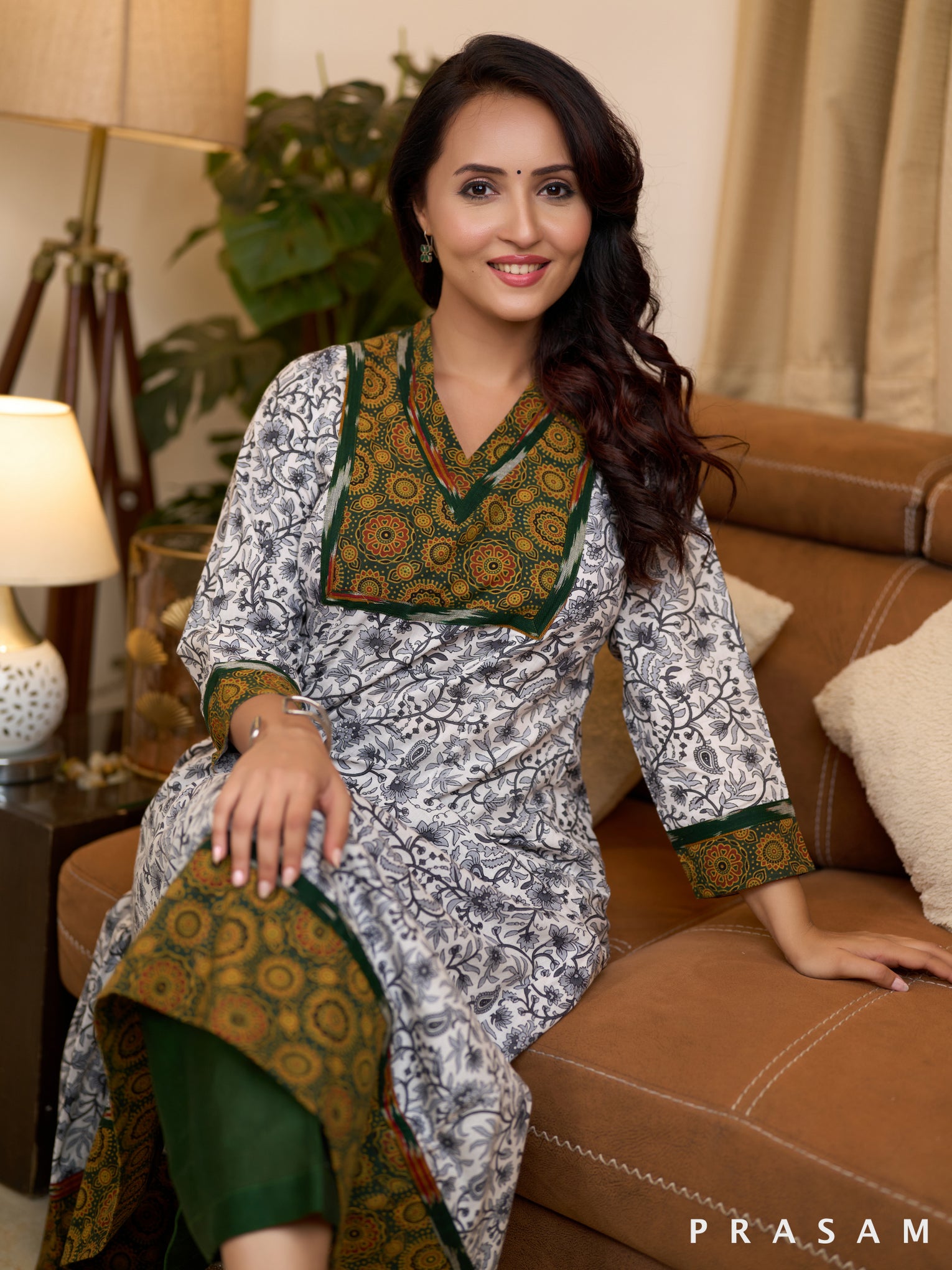 Monochrome Ajrakh Ikat Cotton Printed Kurti (Optional Pants)