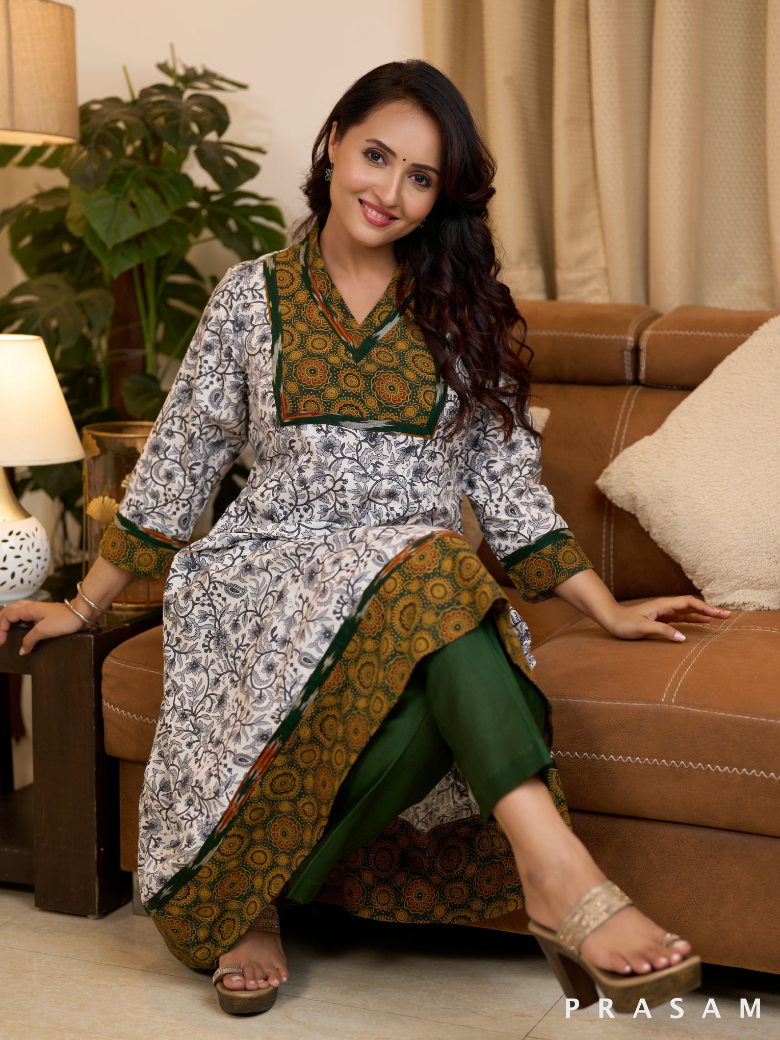 Monochrome Ajrakh Ikat Cotton Printed Kurti (Optional Pants)