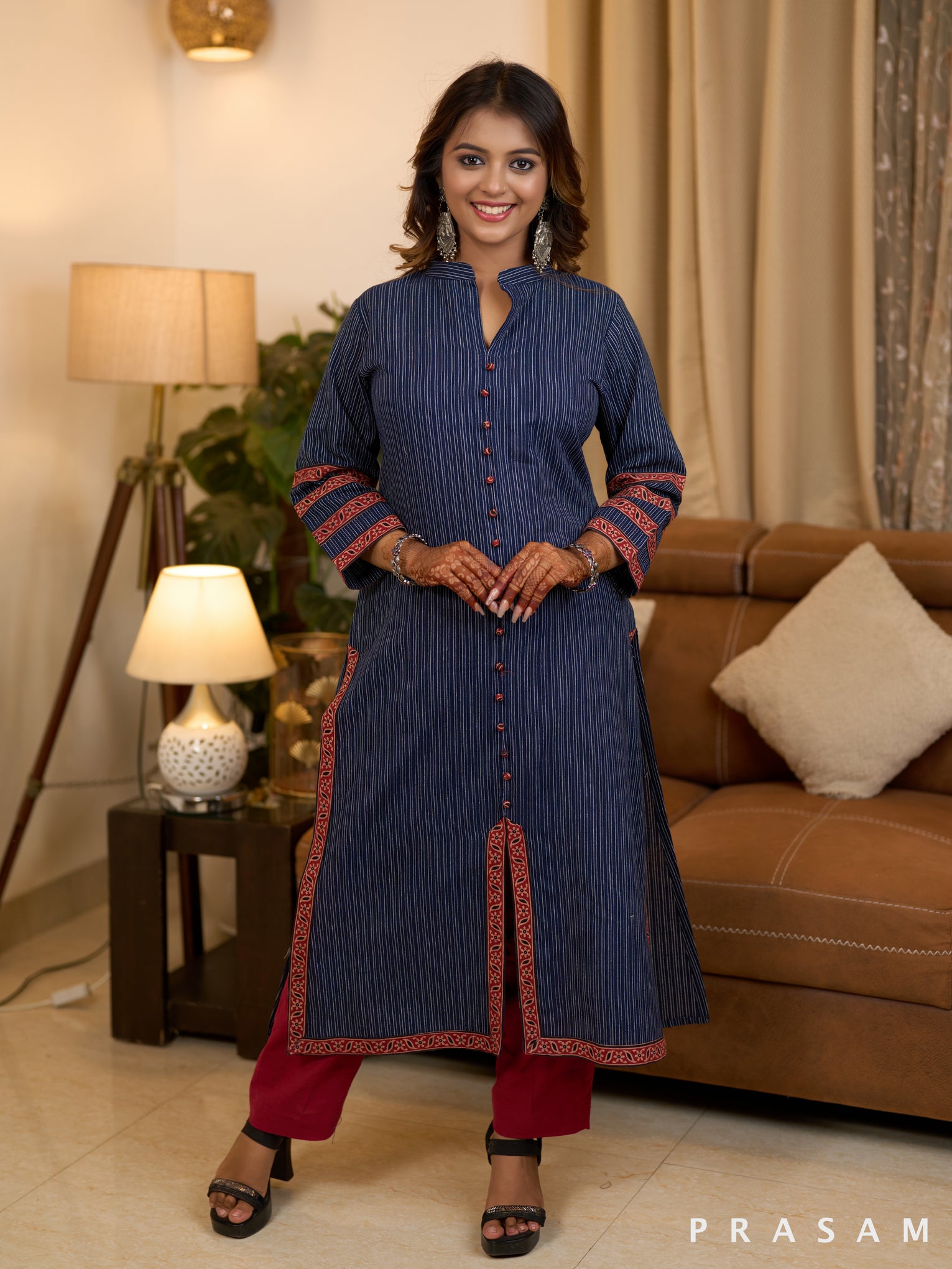 Blue Horizon Ajrakh Striped Kurti (Optional Pants)