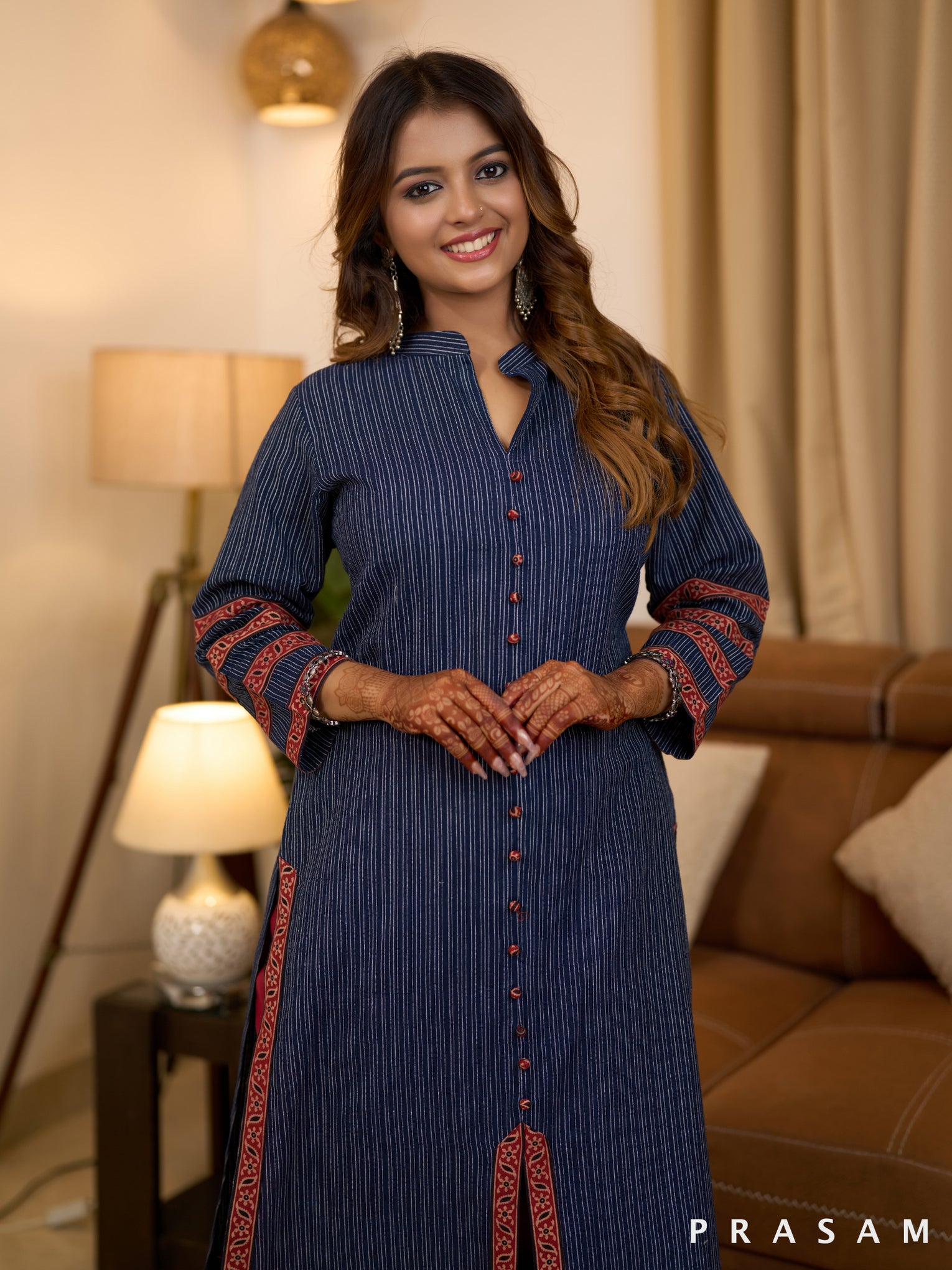 Blue Horizon Ajrakh Striped Kurti (Optional Pants)