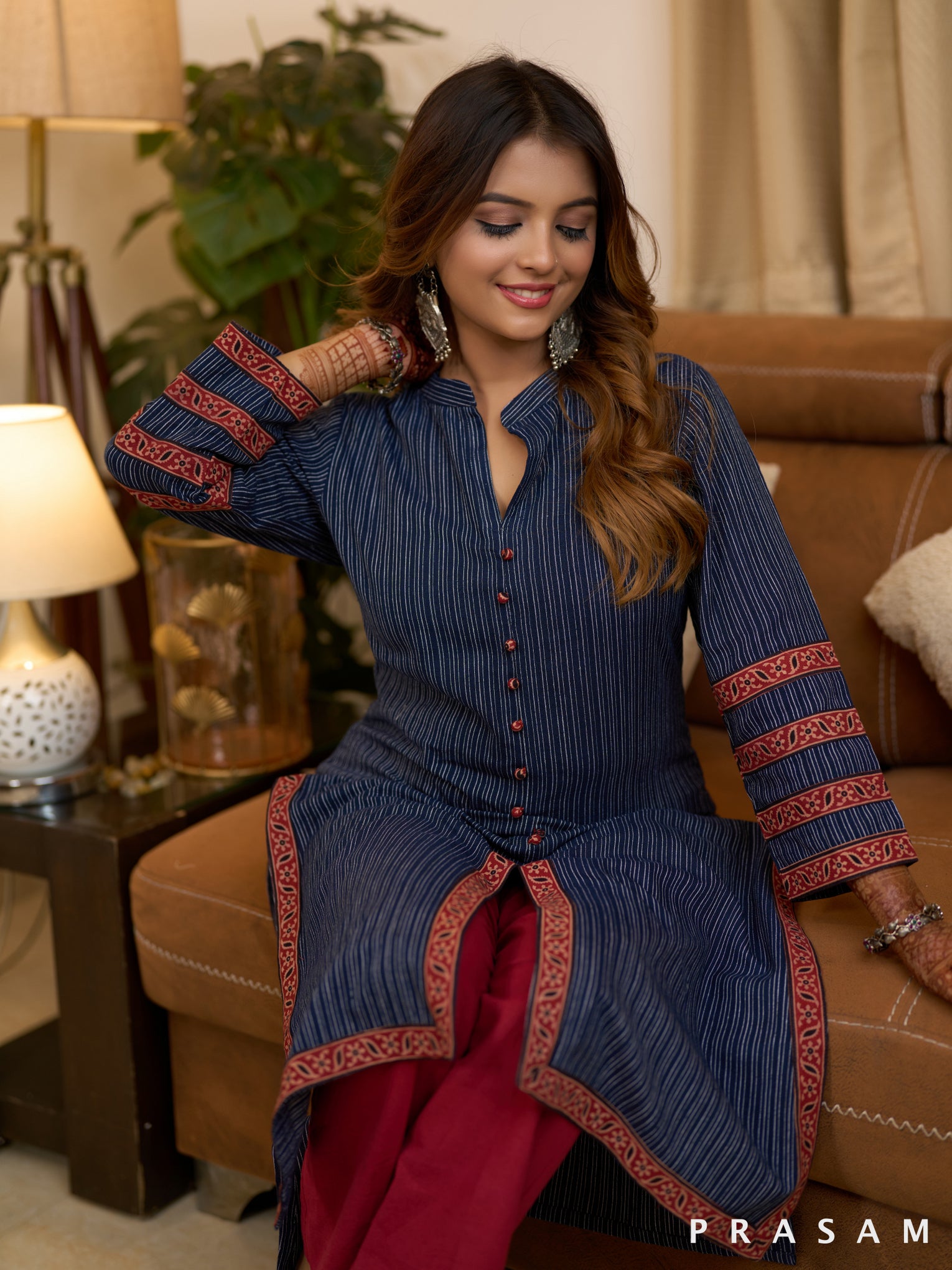 Blue Horizon Ajrakh Striped Kurti (Optional Pants)