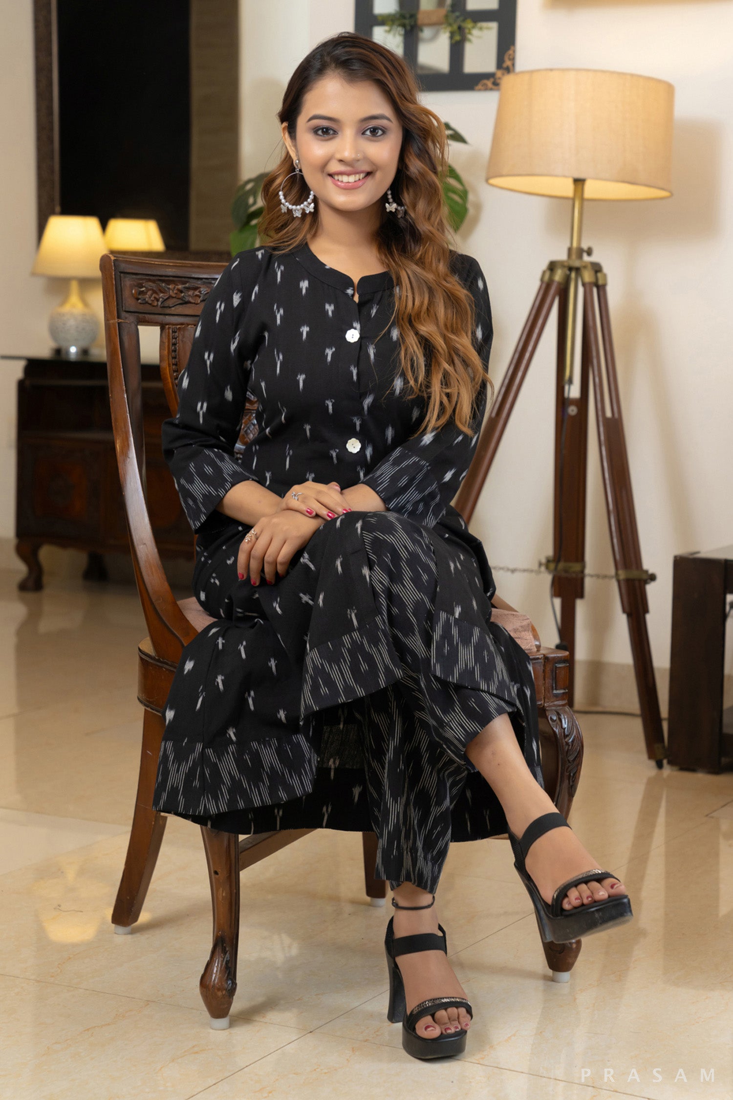 Midnight Fusion Black Ikat Combo Kurti with Pants