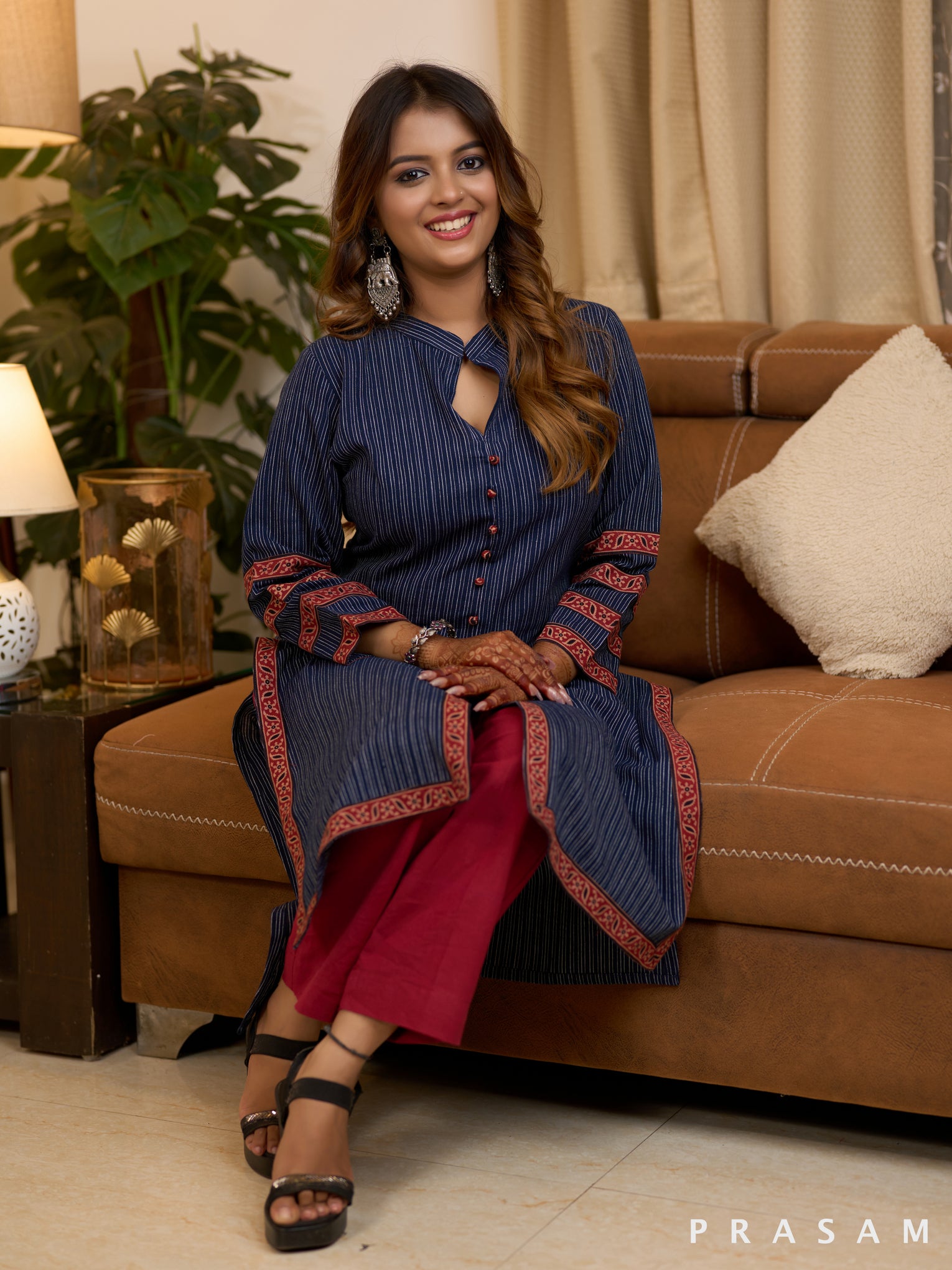 Blue Horizon Ajrakh Striped Kurti (Optional Pants)