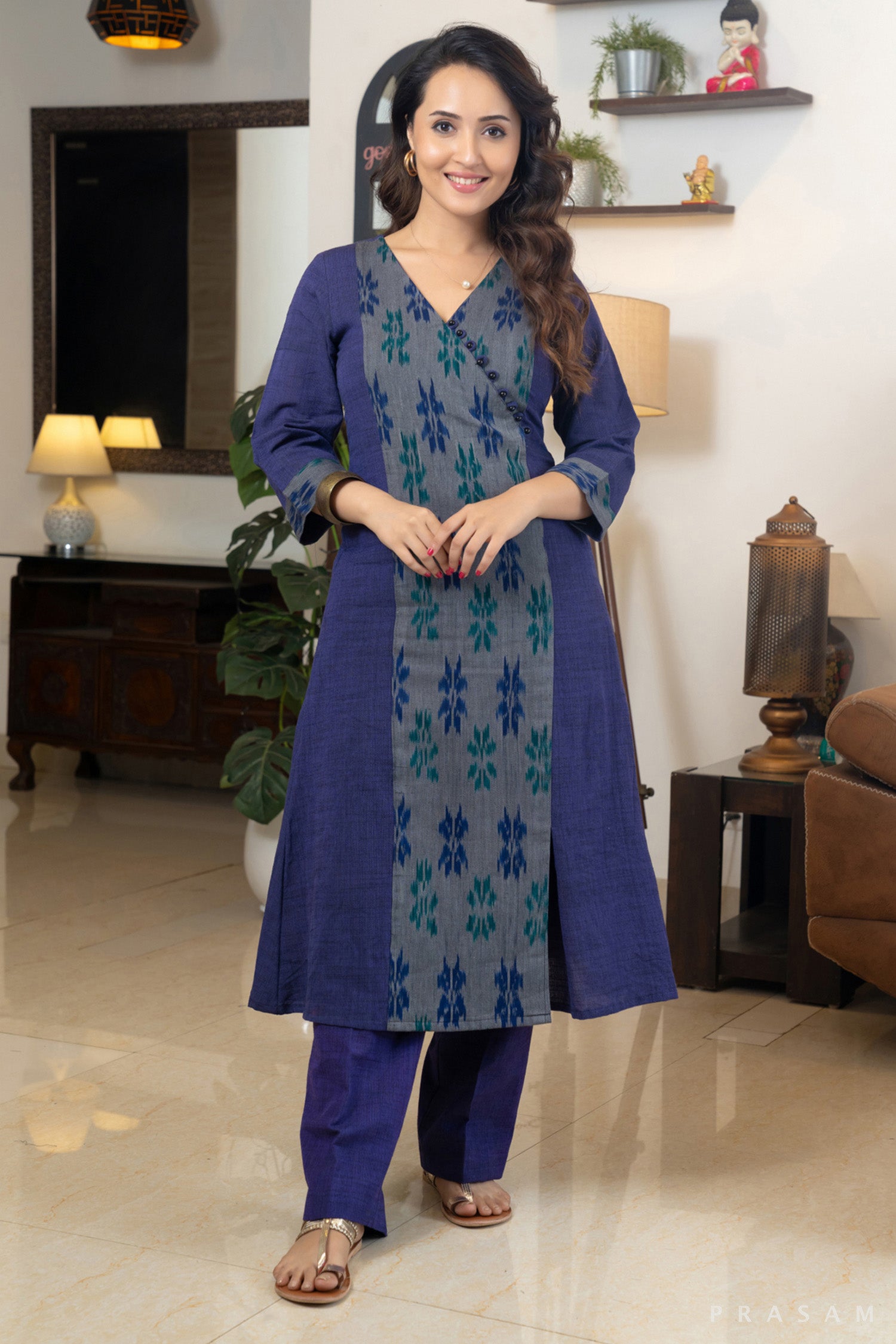 Purple bliss handloom cotton kurti Set with ikat panel details