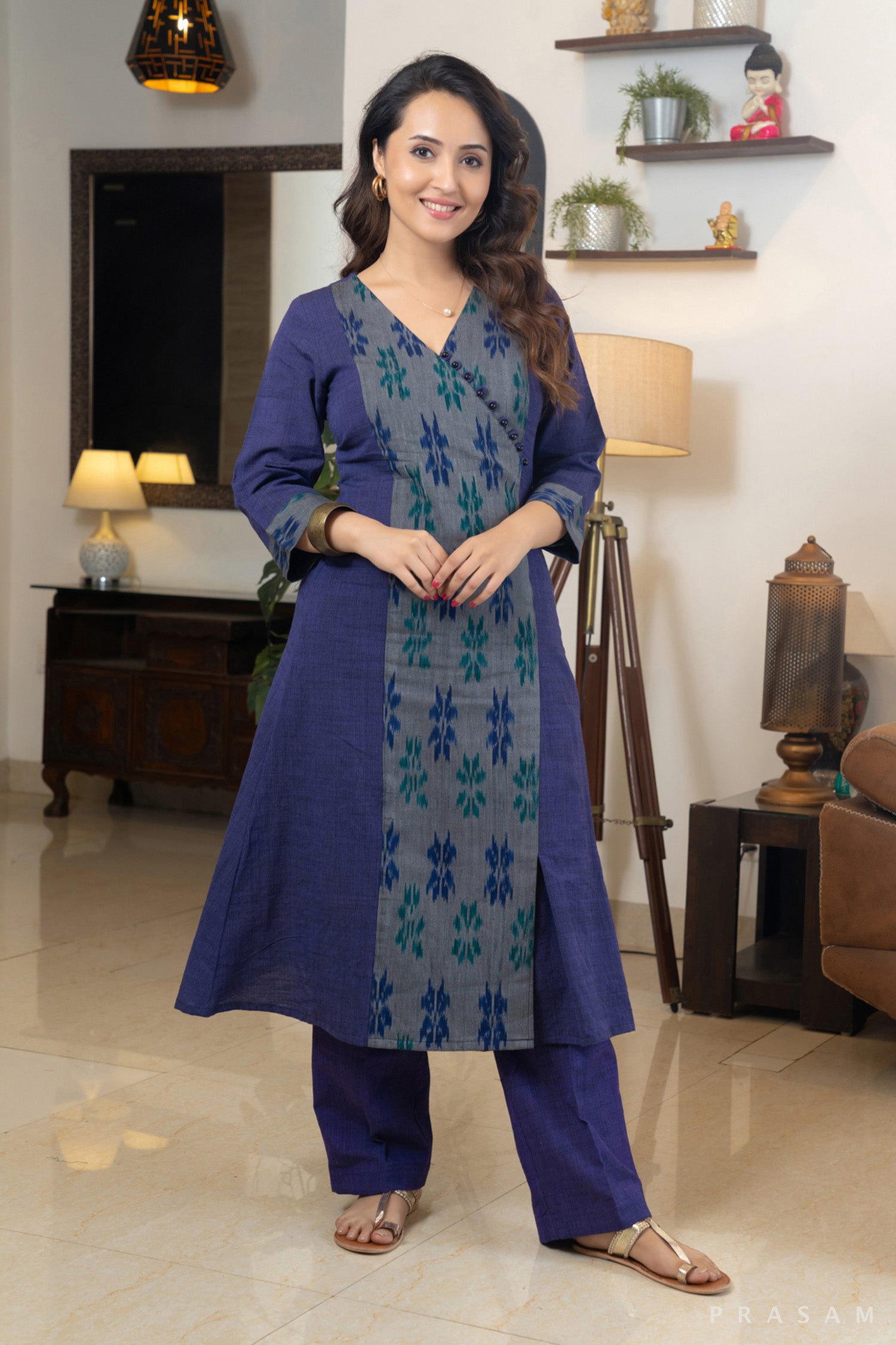 Purple bliss handloom cotton kurti Set with ikat panel details