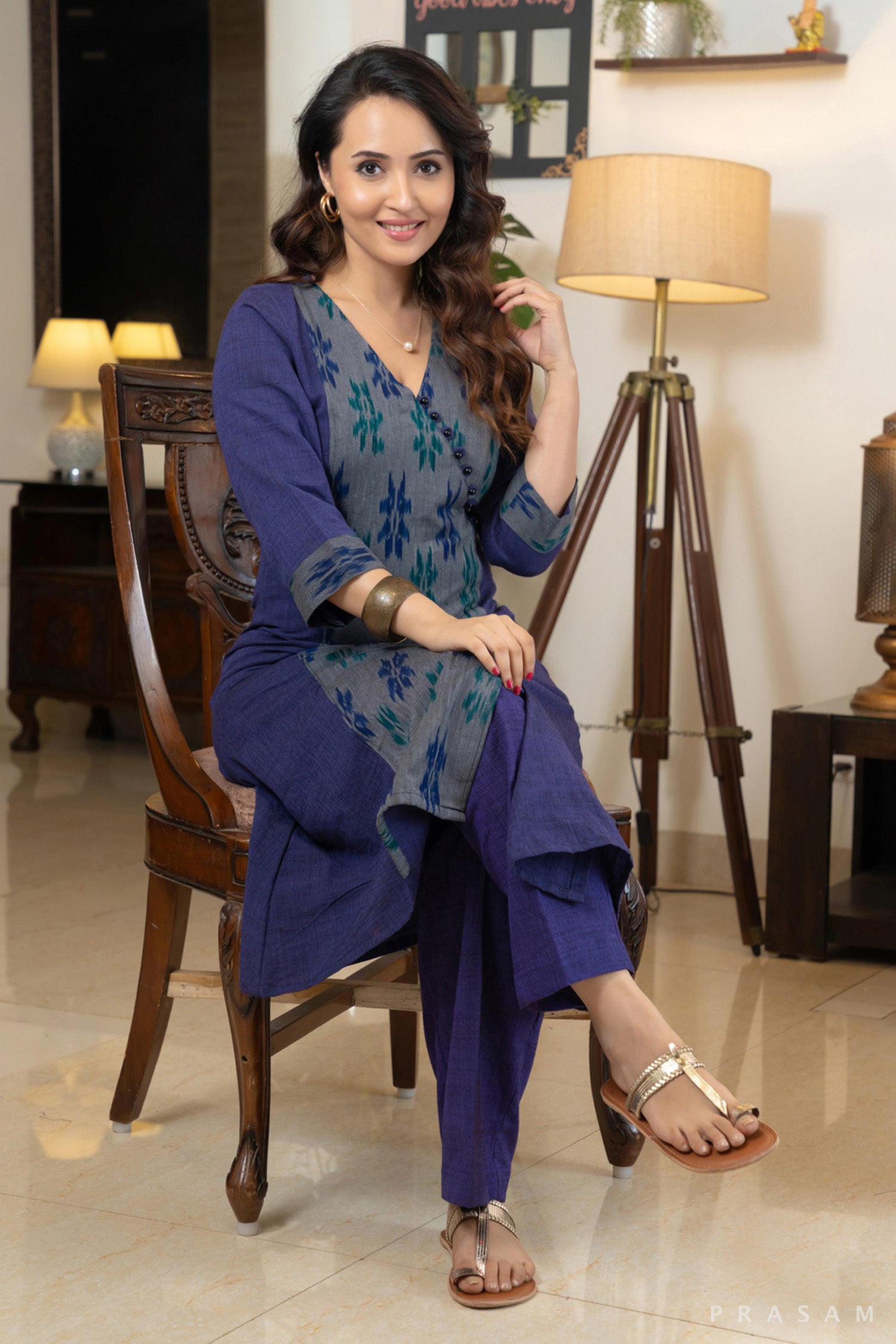 Purple bliss handloom cotton kurti Set with ikat panel details