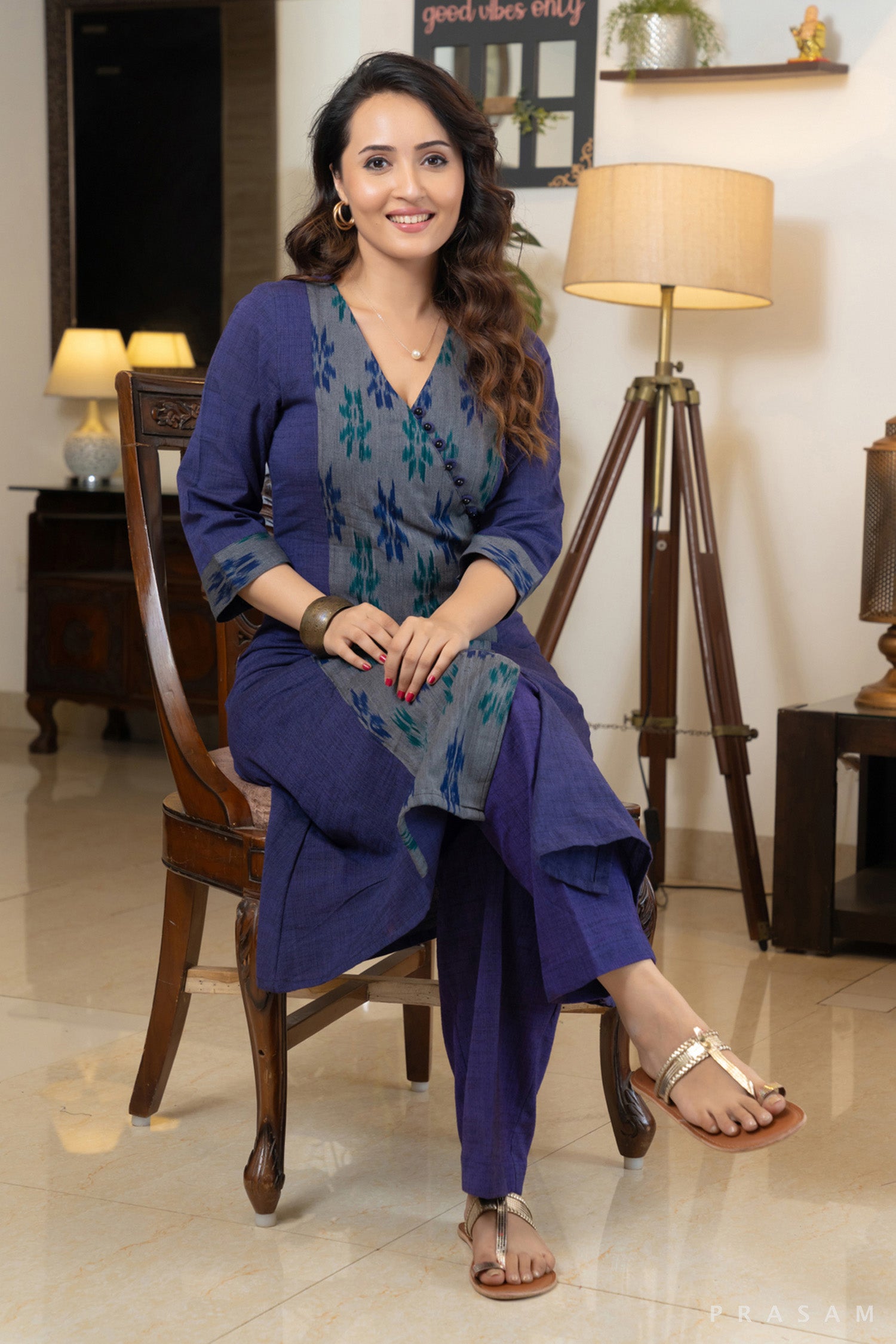 Purple bliss handloom cotton kurti Set with ikat panel details