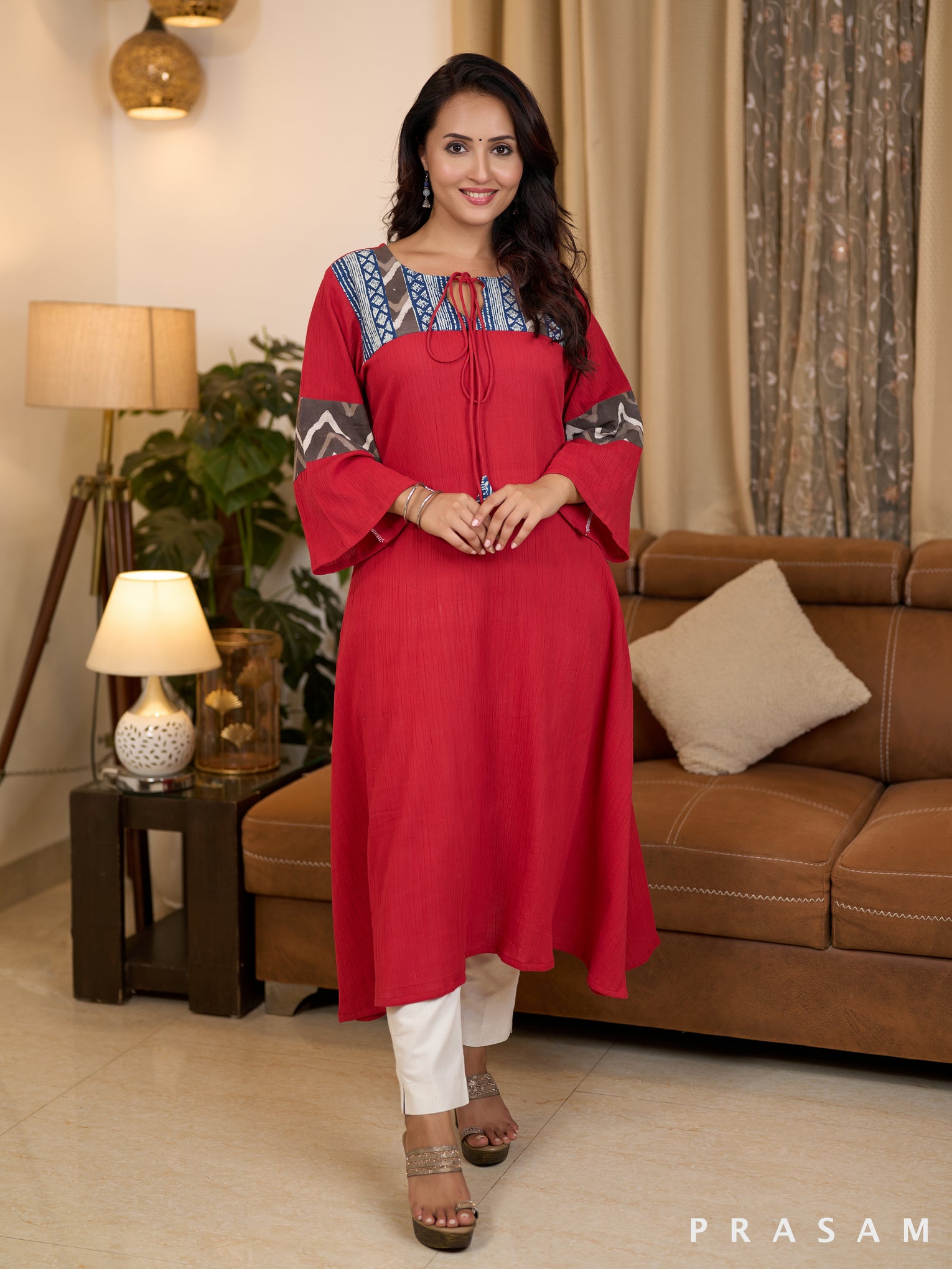 Red Bagru Symphony Cotton Kurti (Optional Pants)