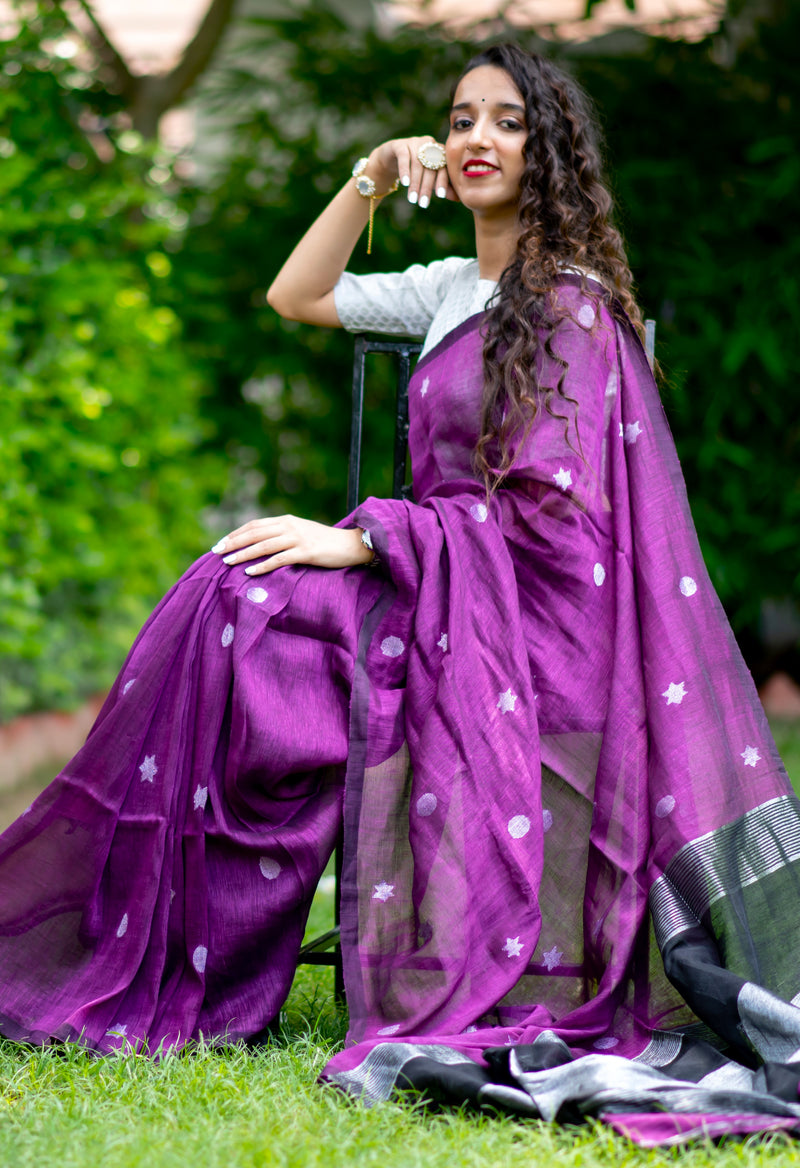Purple Poem - Linen Jamdani Weave Saree Prasam Crafts