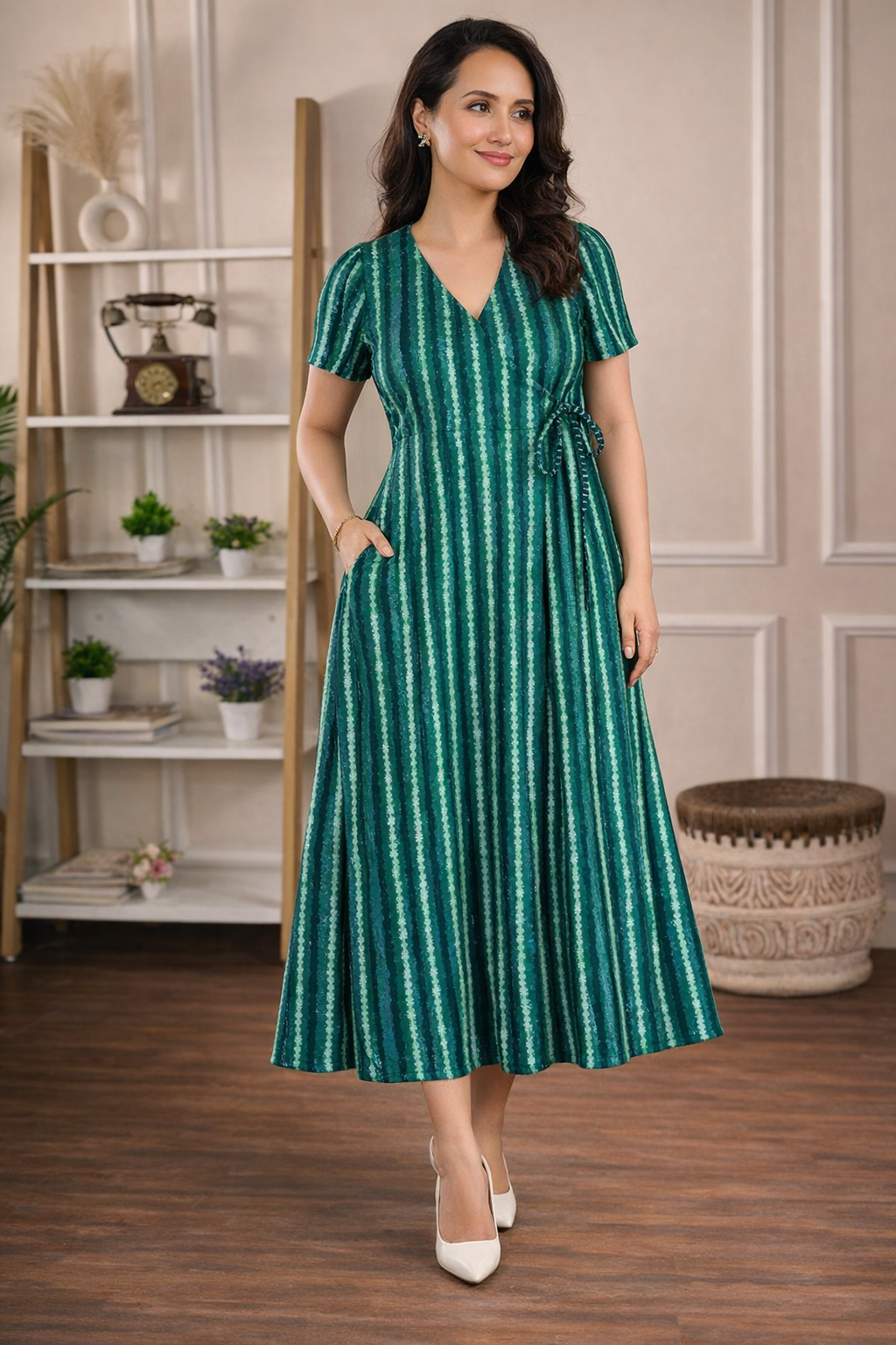 Emerald Tide Cotton Wrap Dress