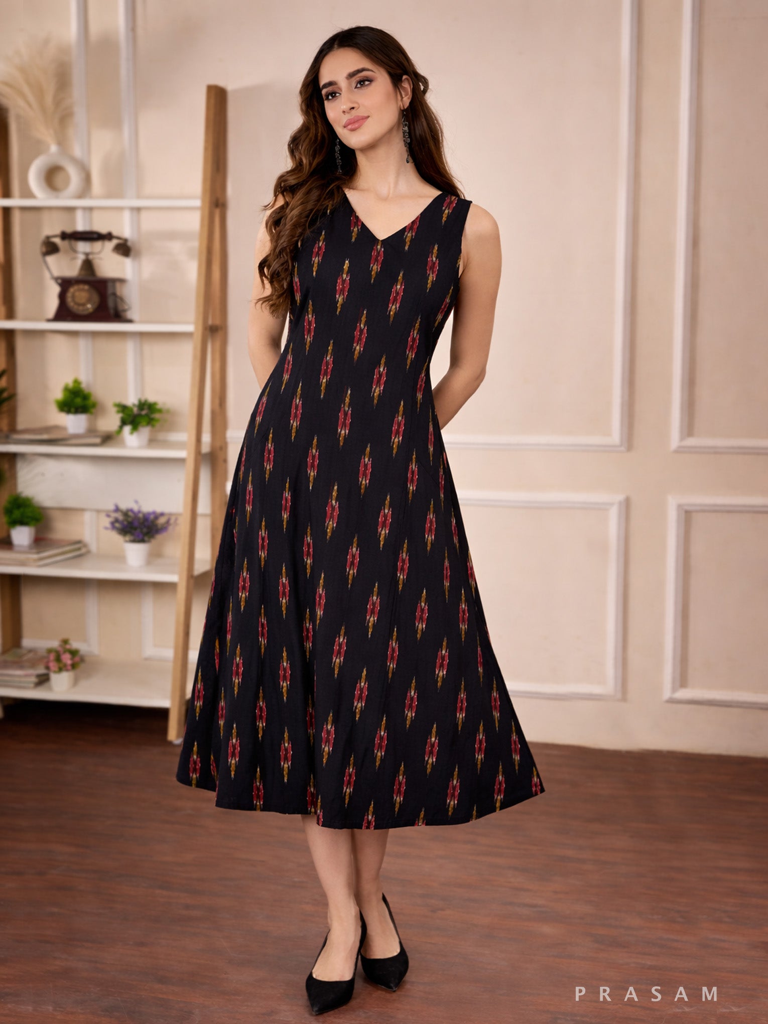 Ethnic Ikat Shirt Style Flared Dress