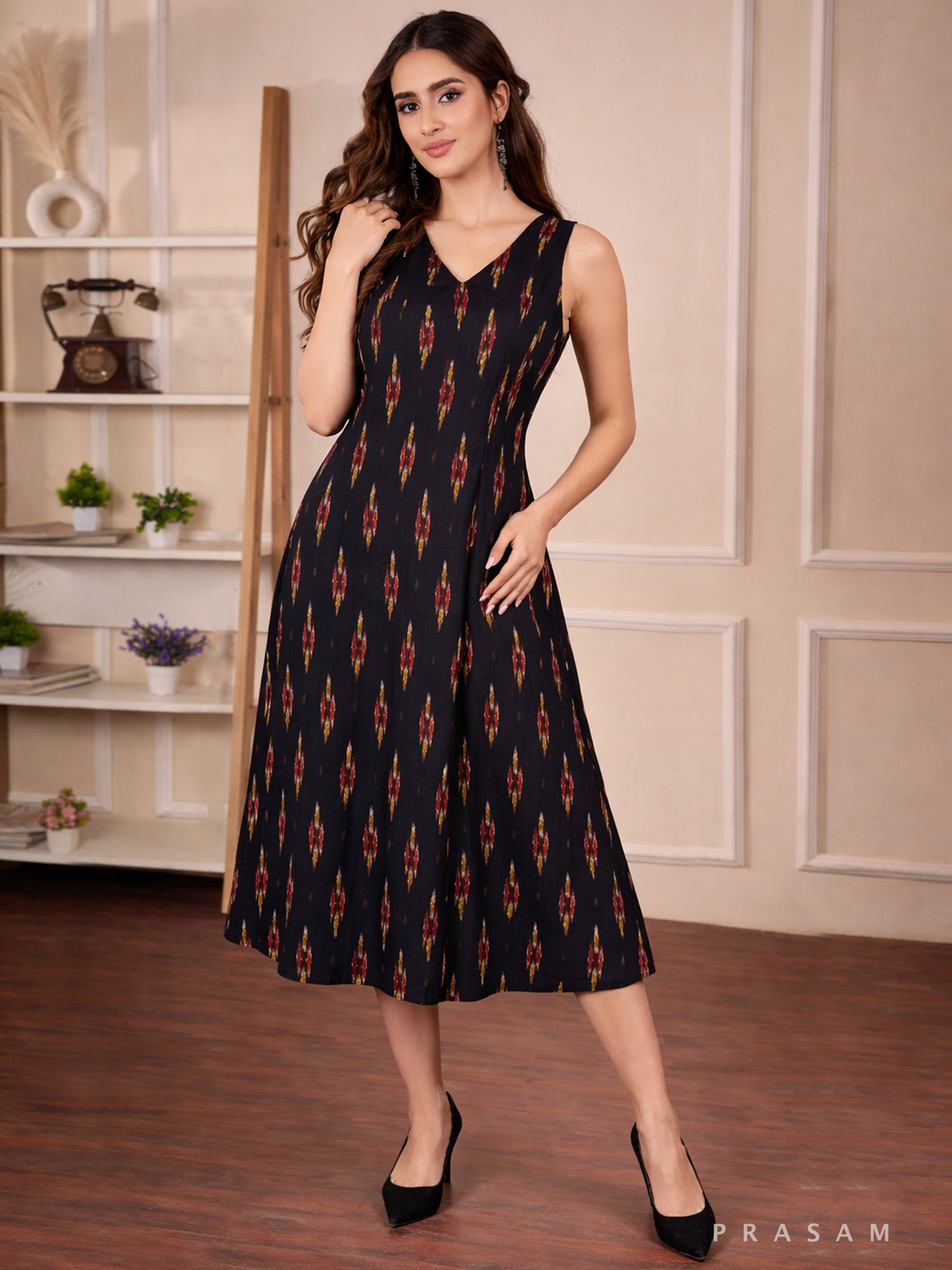 Ethnic Ikat Shirt Style Flared Dress