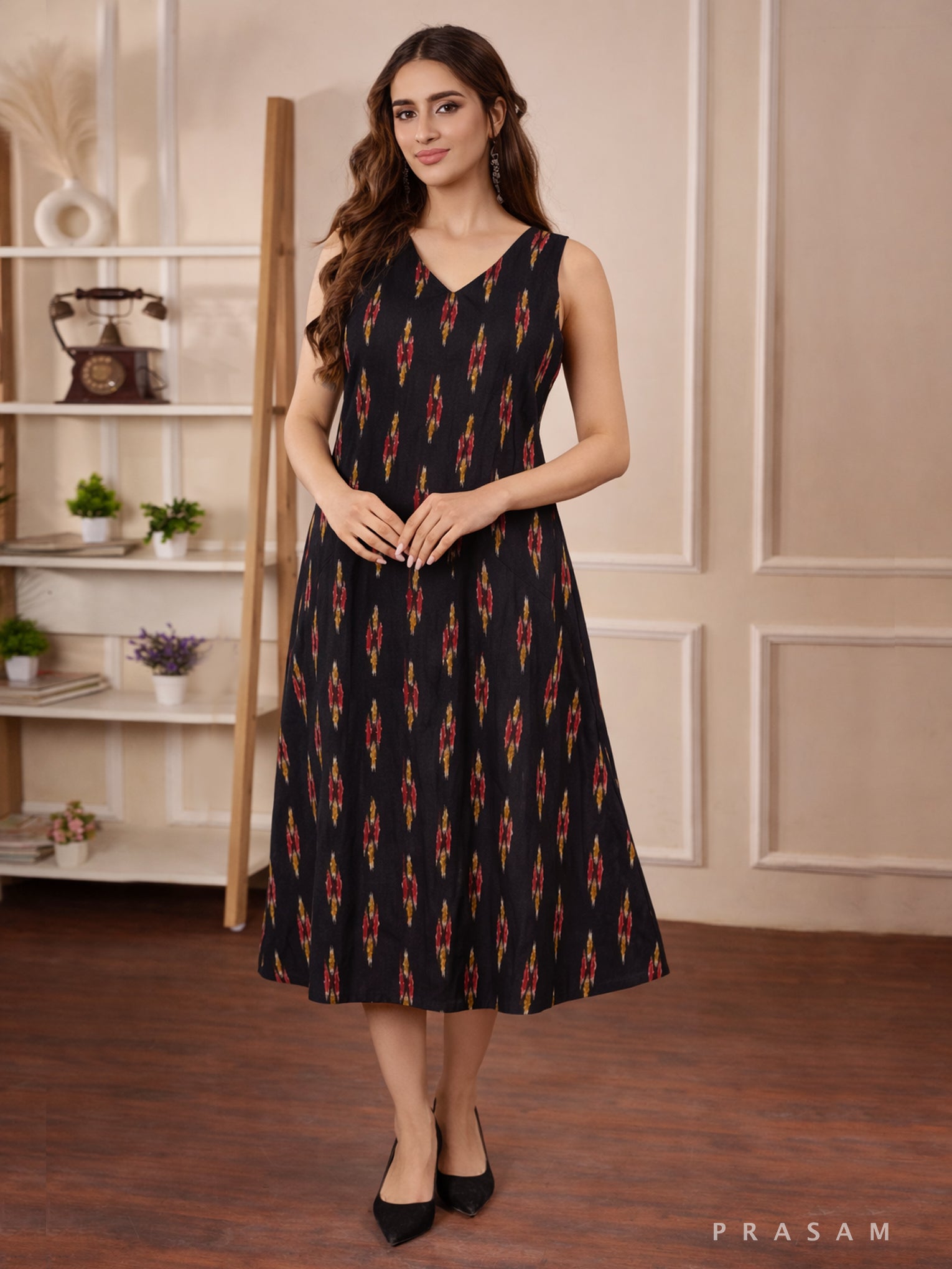 Ethnic Ikat Shirt Style Flared Dress