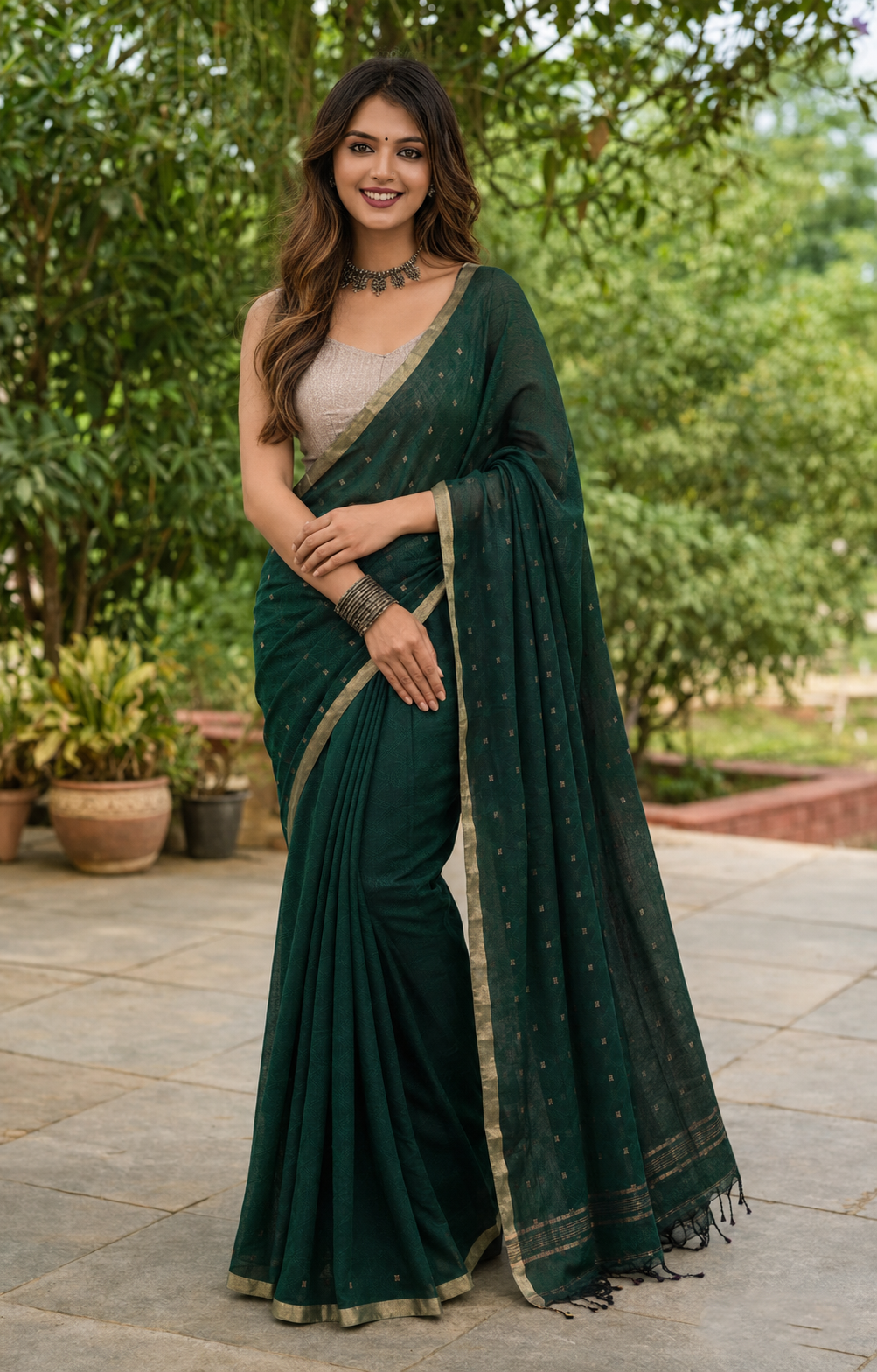 Forest Light-Mercerised Cotton Sequence Handwoven Saree