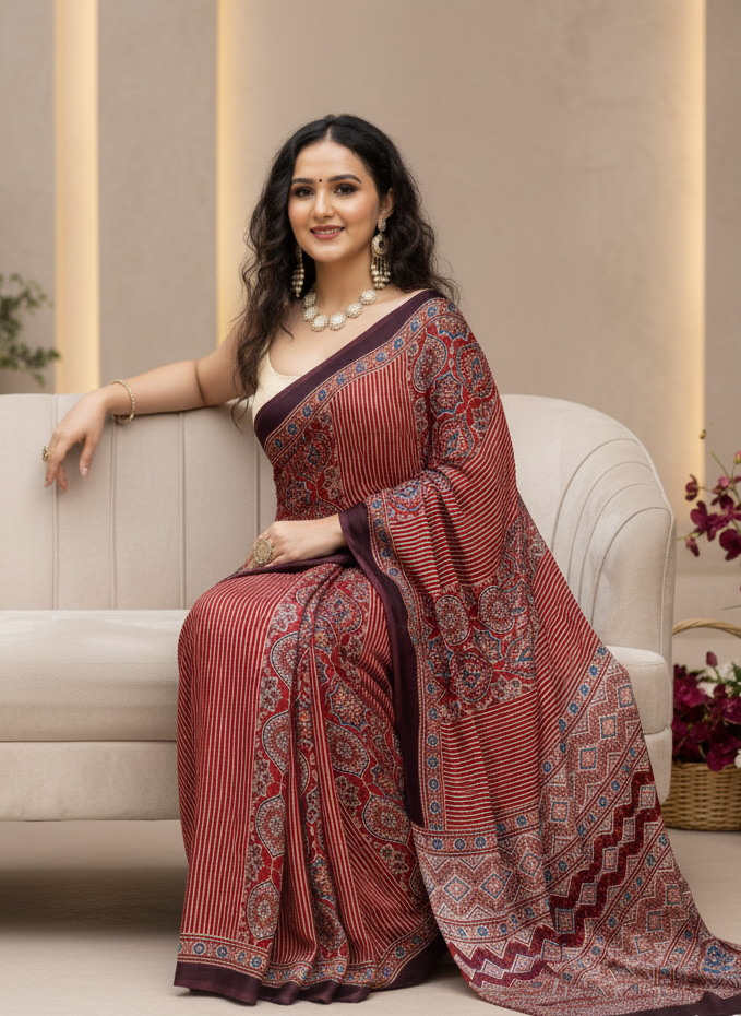 Lineal Beat-Ajrakh Modal Silk Saree