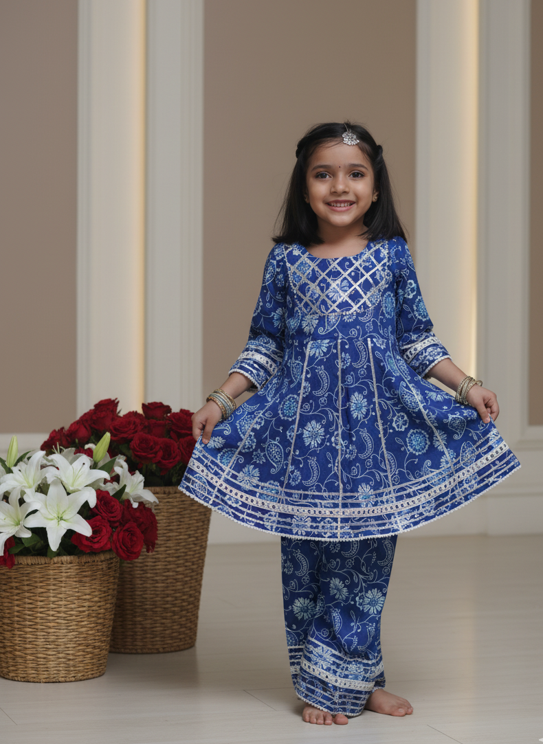 Let her shine in our handcrafted Jaipuri block print kurta &amp; trouser set with delicate gota detailing. ✨
Made from pure cotton, it’s soft, breathable, and festive — designed for joyful celebrations with all-day comfort and charm.
