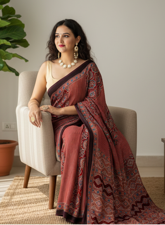 Lineal Beat-Ajrakh Modal Silk Saree