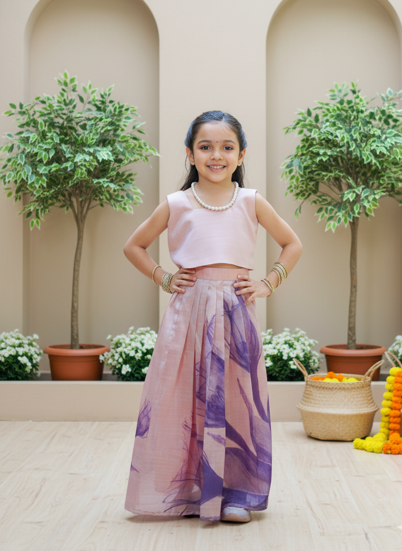 Dress her in festive charm with our printed art silk top &amp; skirt set. ✨
Soft, flowy &amp; comfortable, this handcrafted fusion outfit blends modern design with traditional artistry — perfect for celebrations and special occasions.