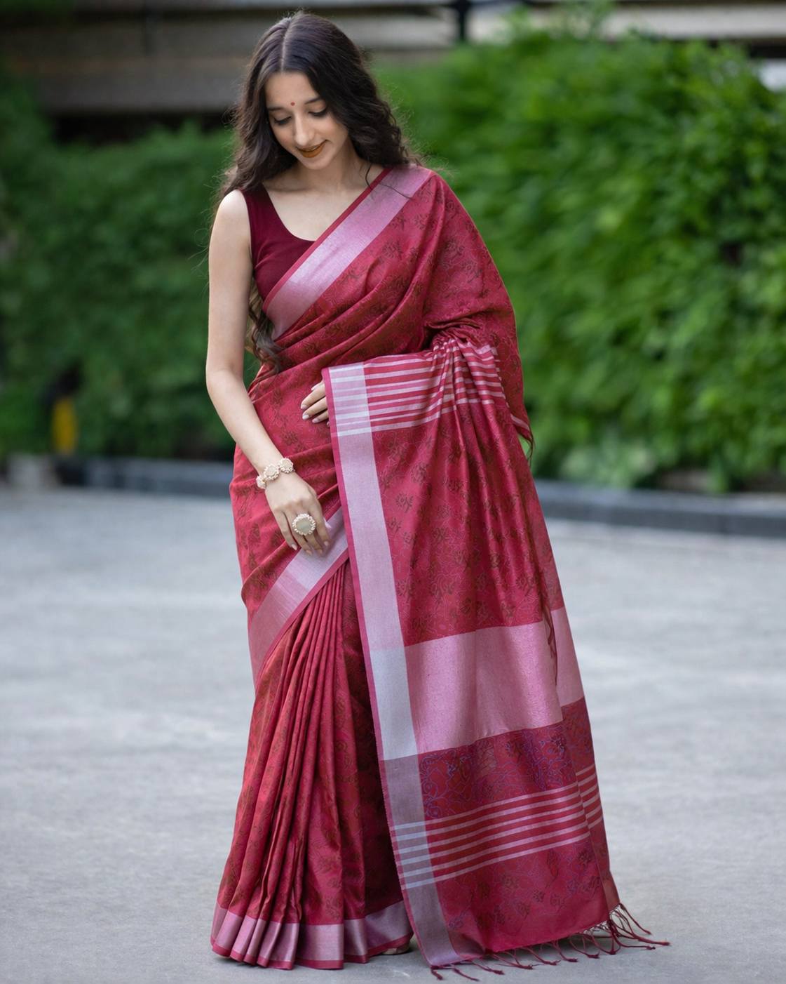 Melodic Maroon - Cotton Block Print Saree