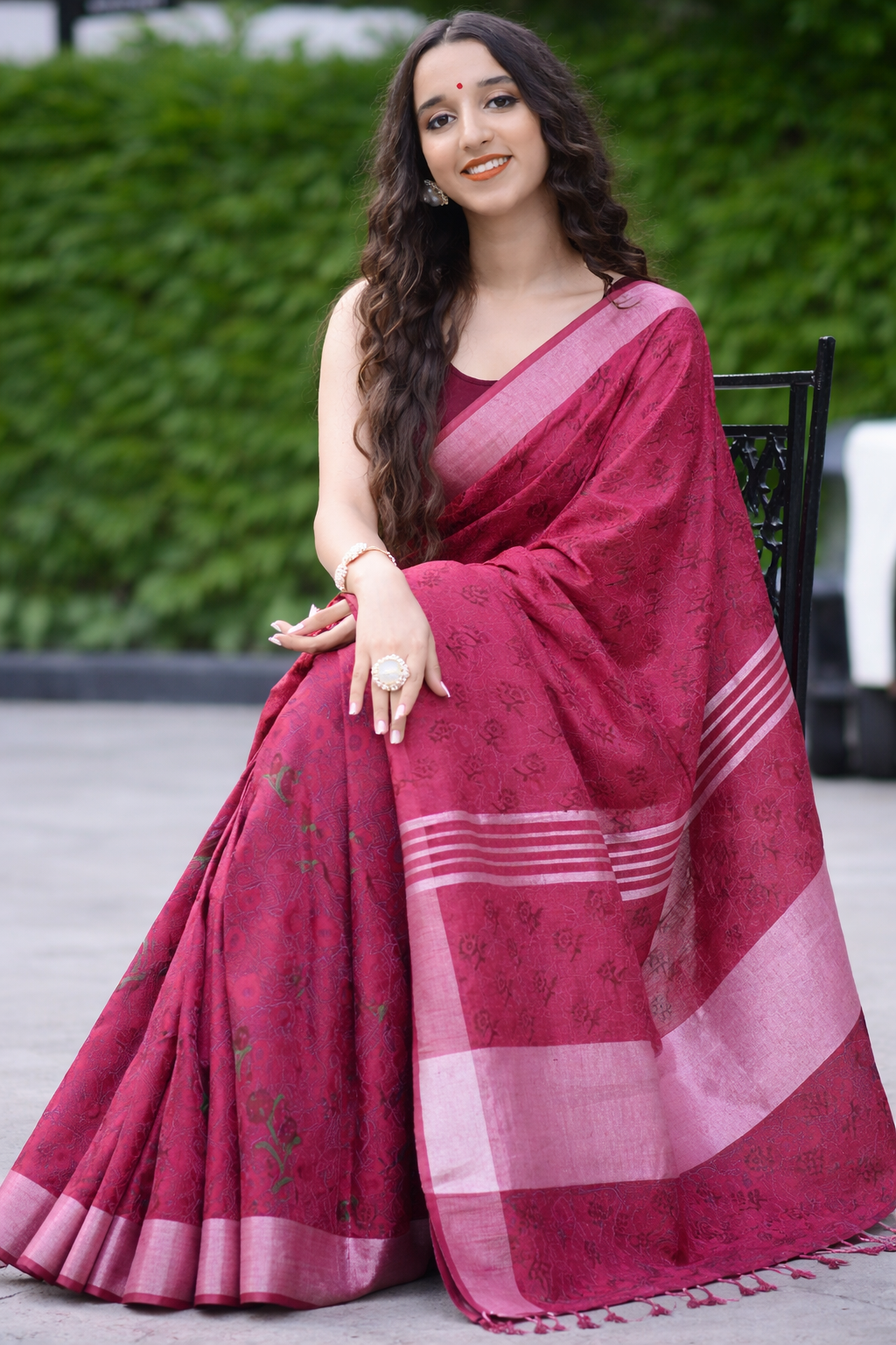 Melodic Maroon - Cotton Block Print Saree