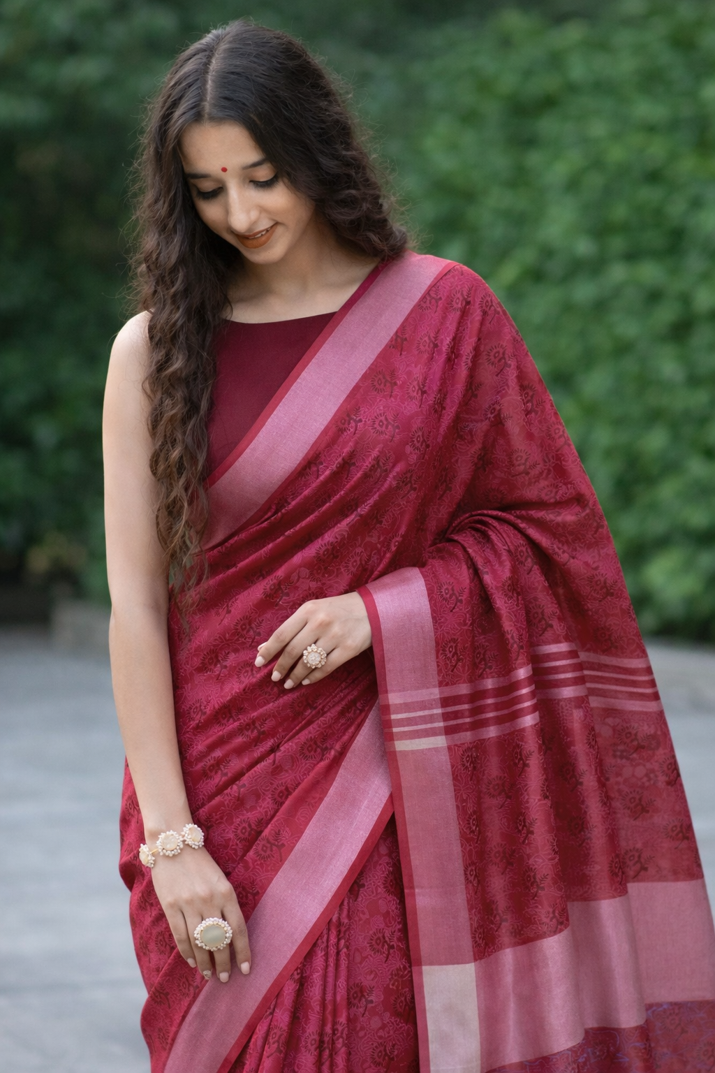 Melodic Maroon - Cotton Block Print Saree