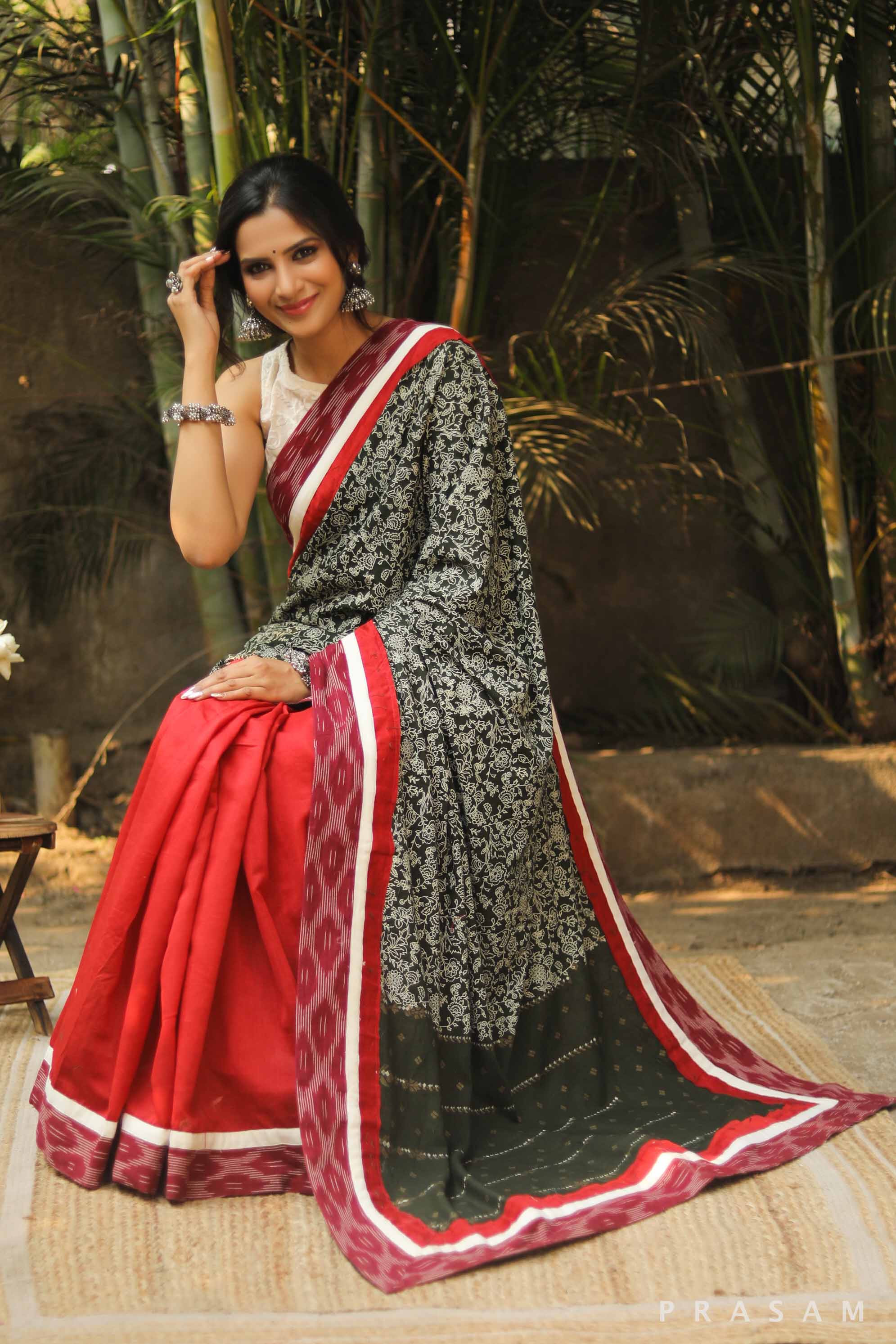 Lover's Call Chanderi Block Print Saree with Ikat Border Prasam Crafts