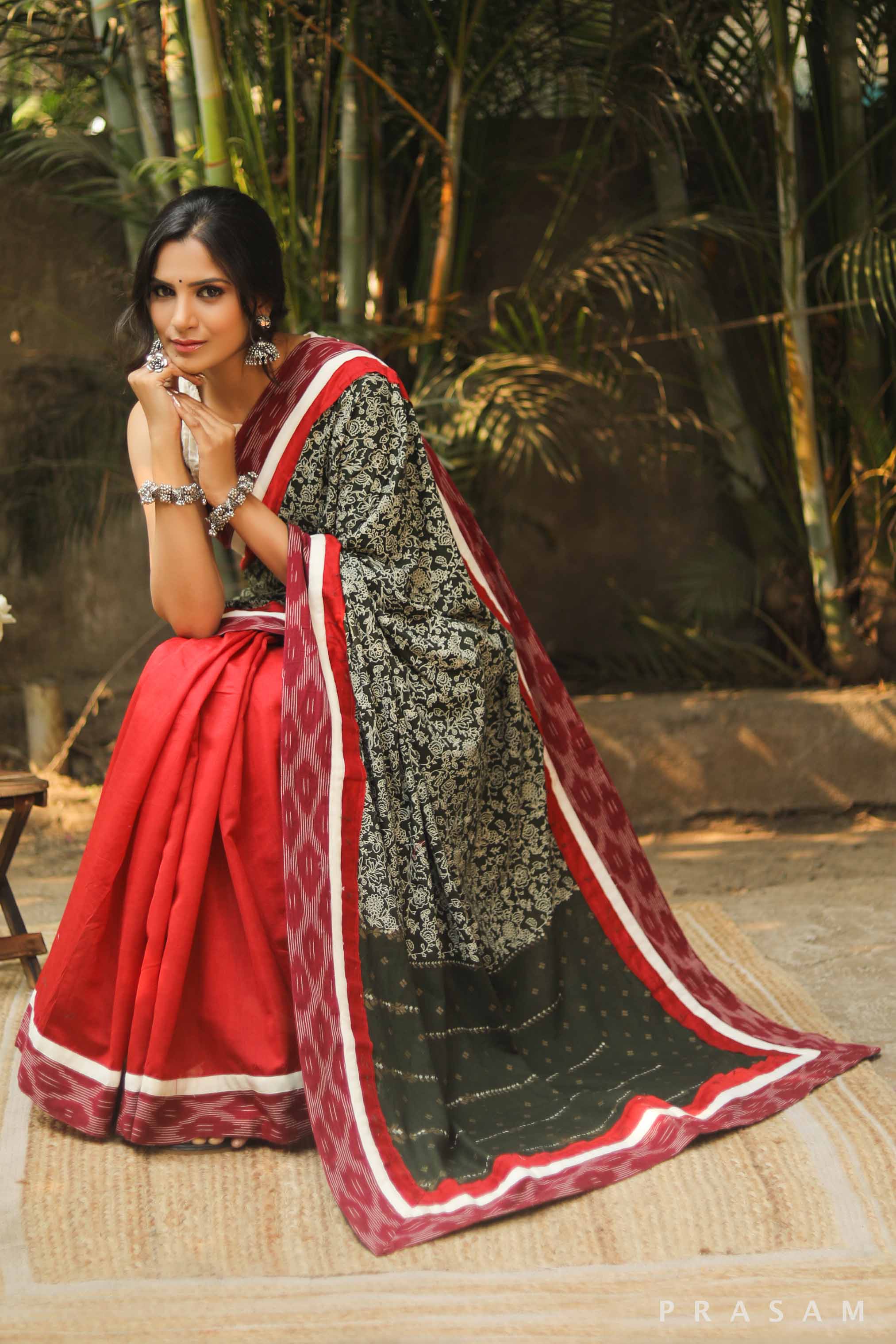 Lover's Call Chanderi Block Print Saree with Ikat Border Prasam Crafts