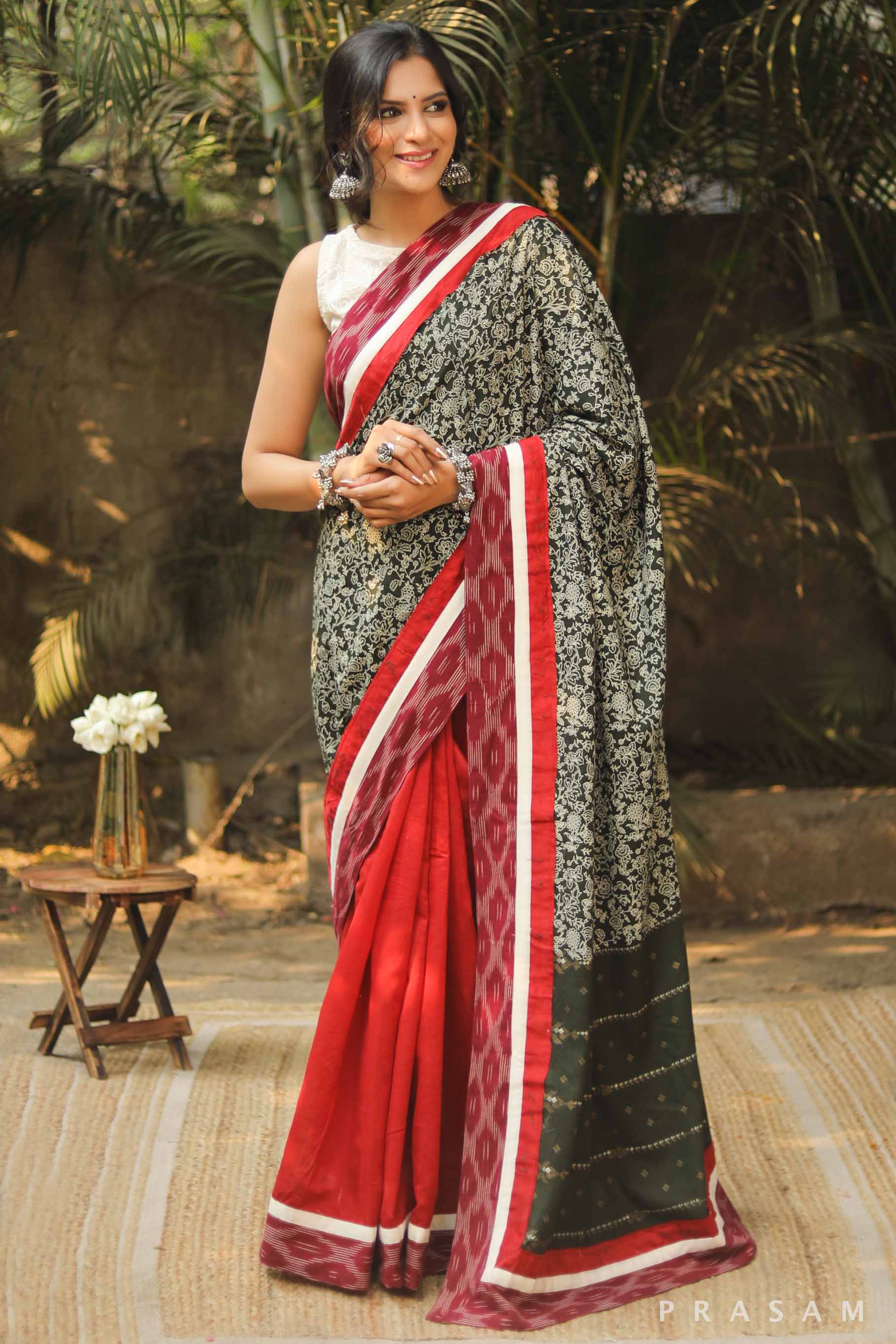 Lover's Call Chanderi Block Print Saree with Ikat Border Prasam Crafts