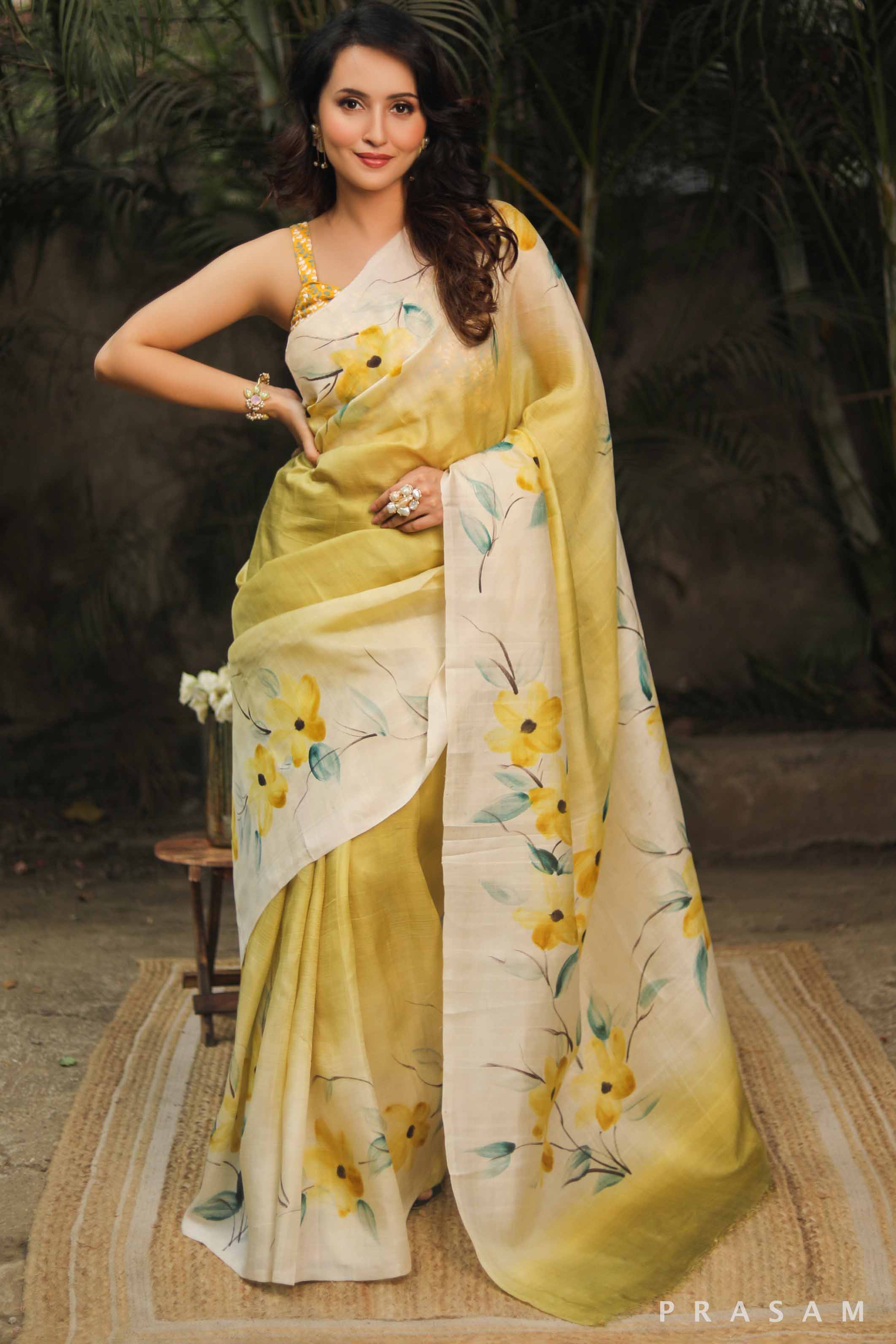 Yellow Hand Painted Pure Silk Saree - Vibrant and Elegant  Prasam Crafts