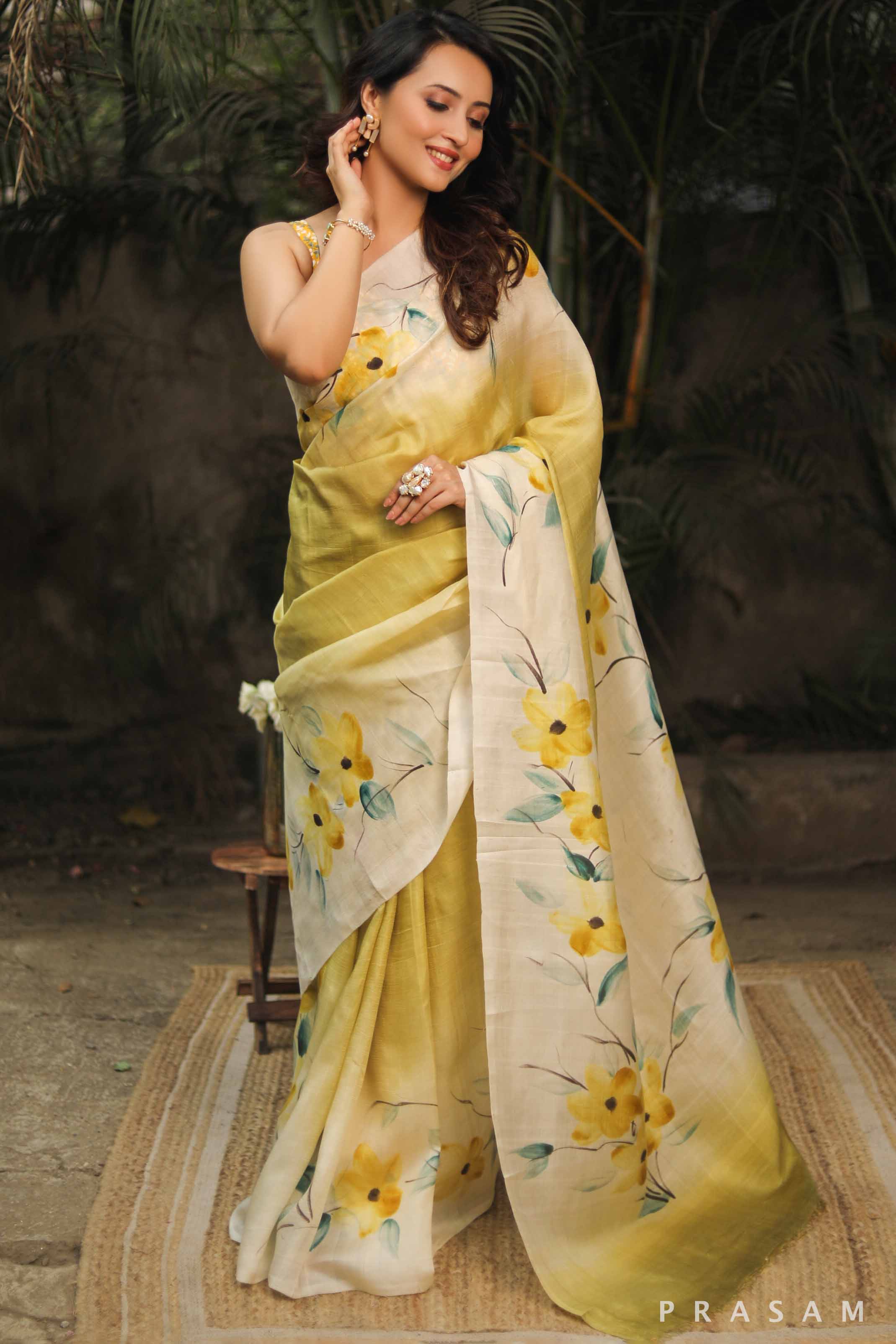 Yellow Hand Painted Pure Silk Saree - Vibrant and Elegant  Prasam Crafts