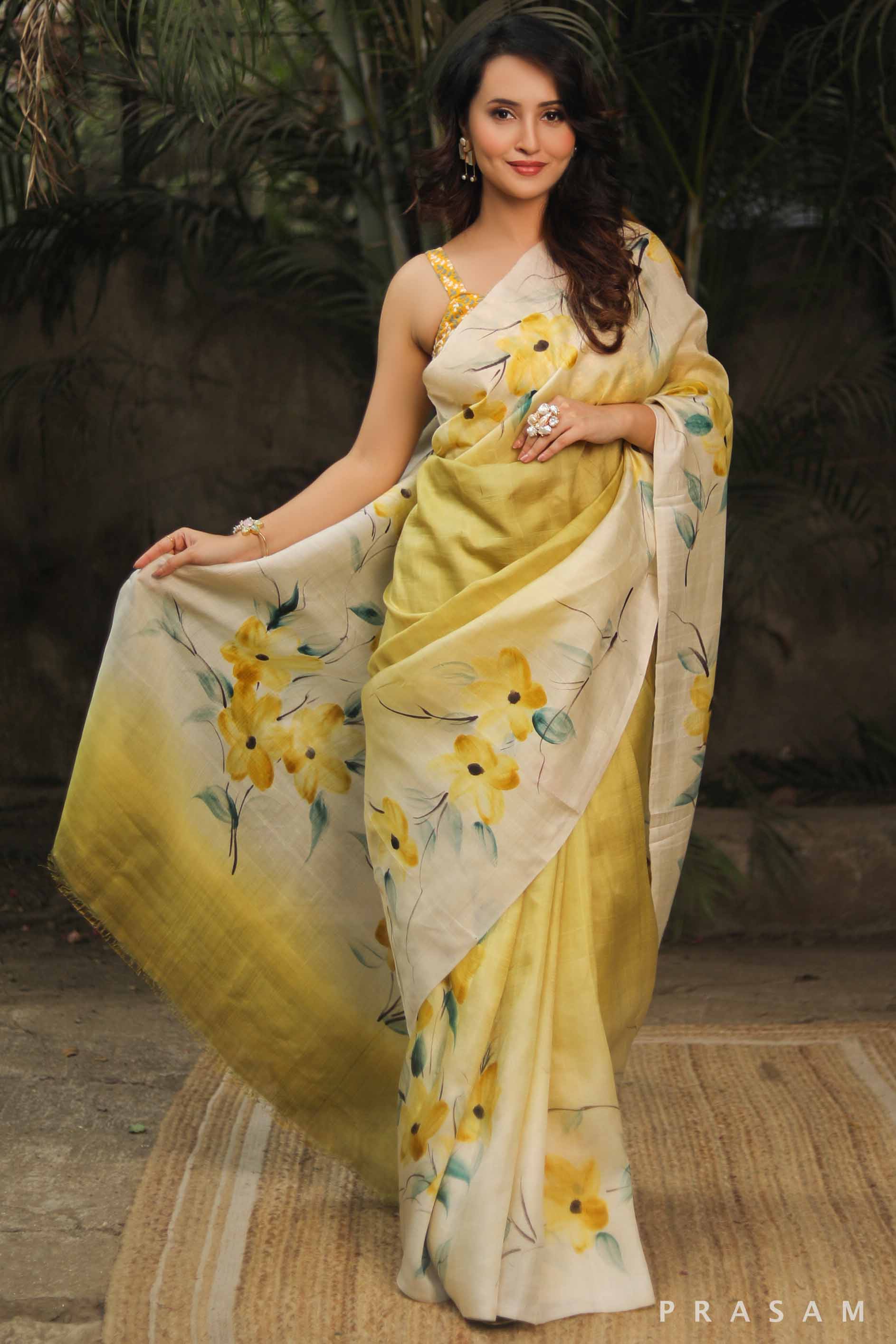 Yellow Hand Painted Pure Silk Saree - Vibrant and Elegant  Prasam Crafts