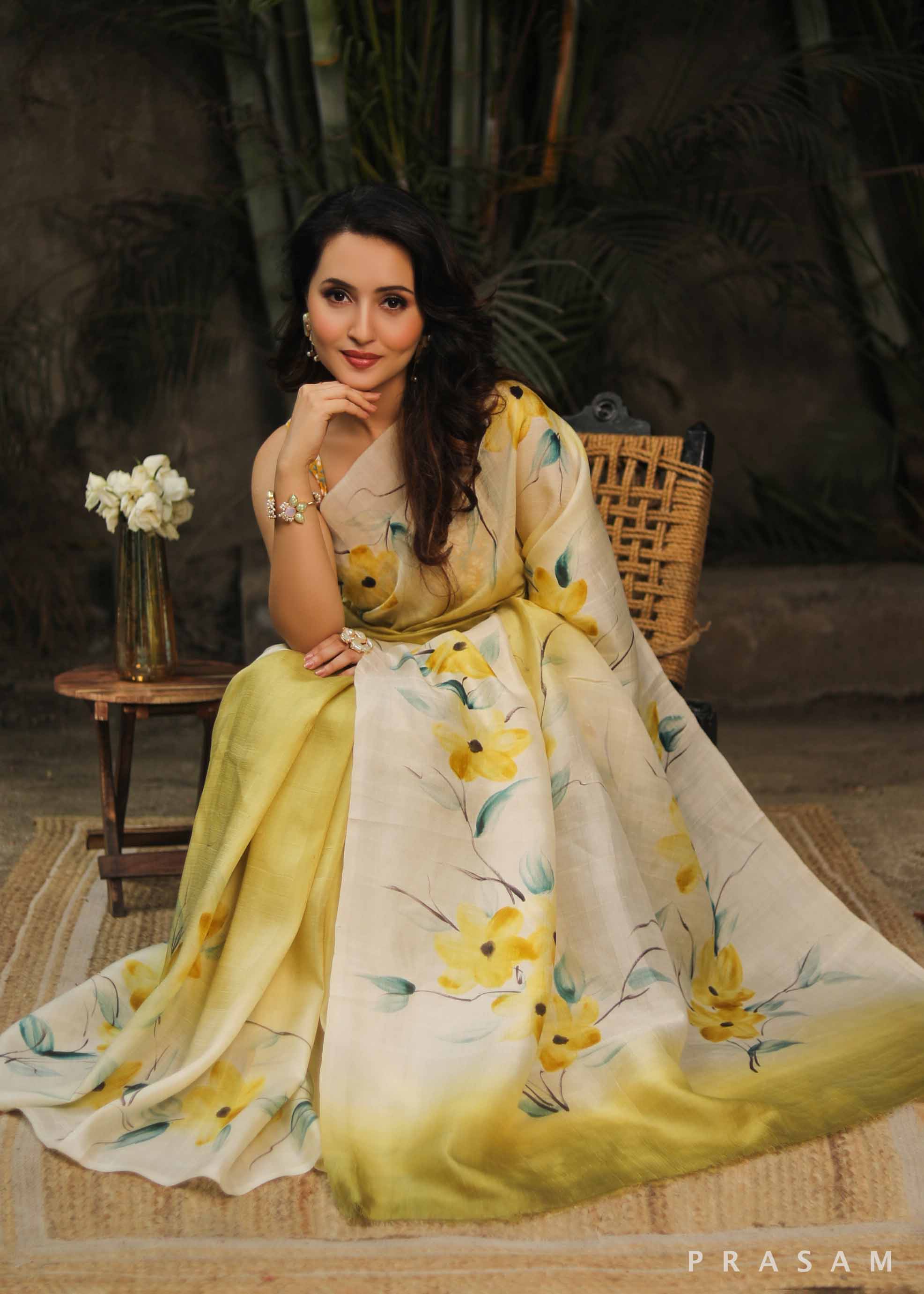 Yellow Hand Painted Pure Silk Saree - Vibrant and Elegant  Prasam Crafts